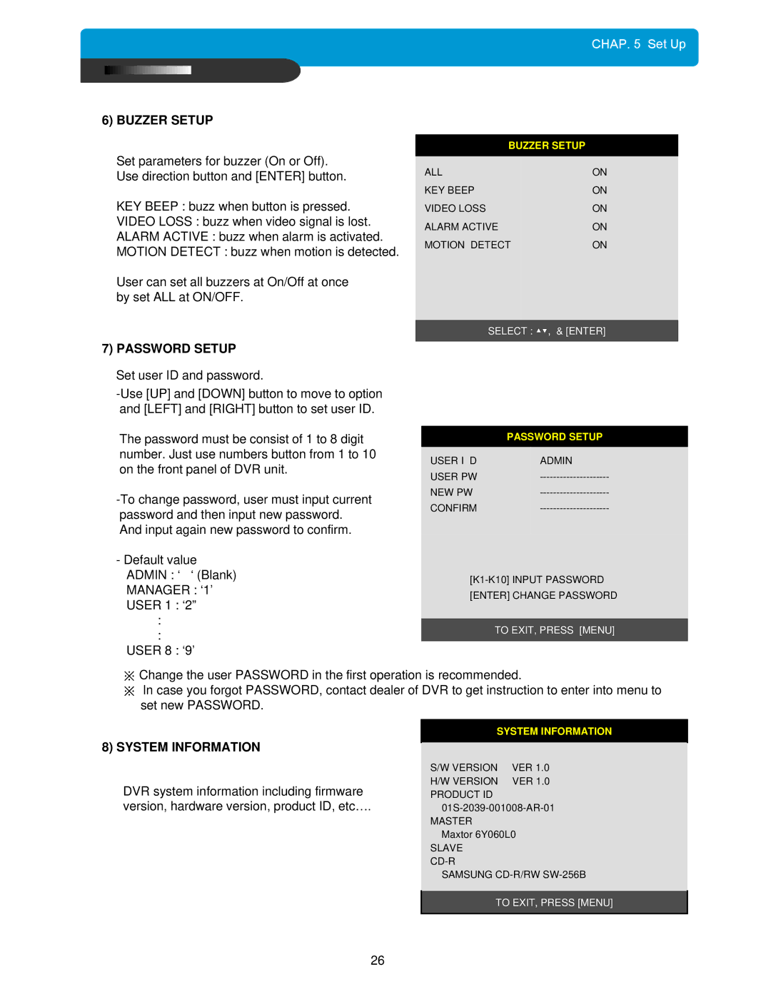 Maxtor DVMR manual Buzzer Setup, Password Setup, System Information 