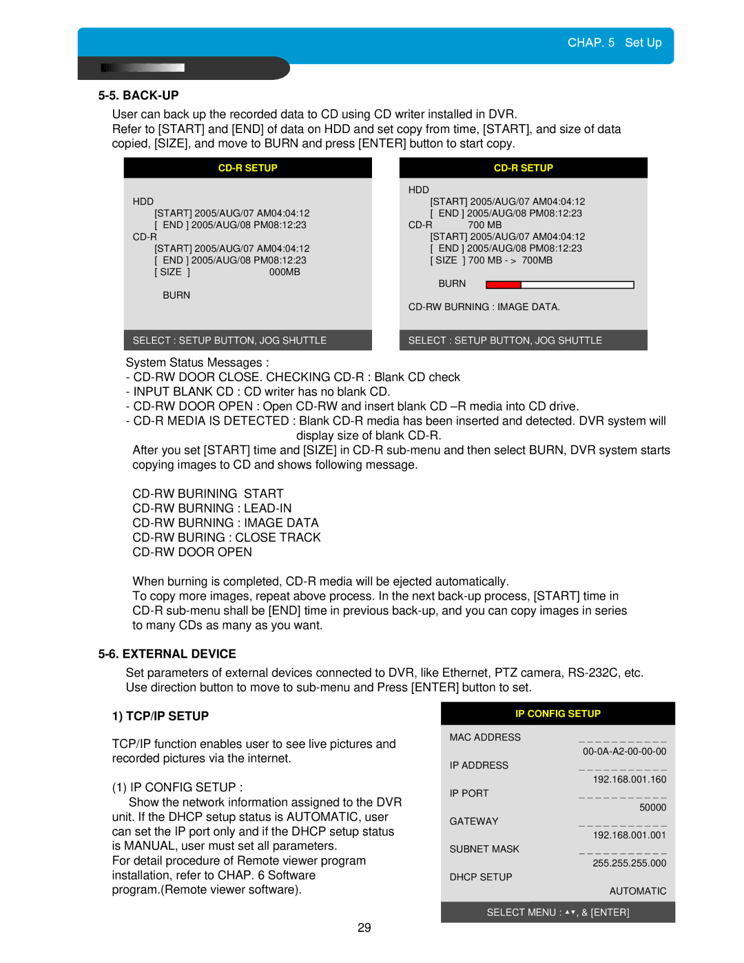 Maxtor DVMR manual Back-Up, External Device, TCP/IP Setup, IP Config Setup 