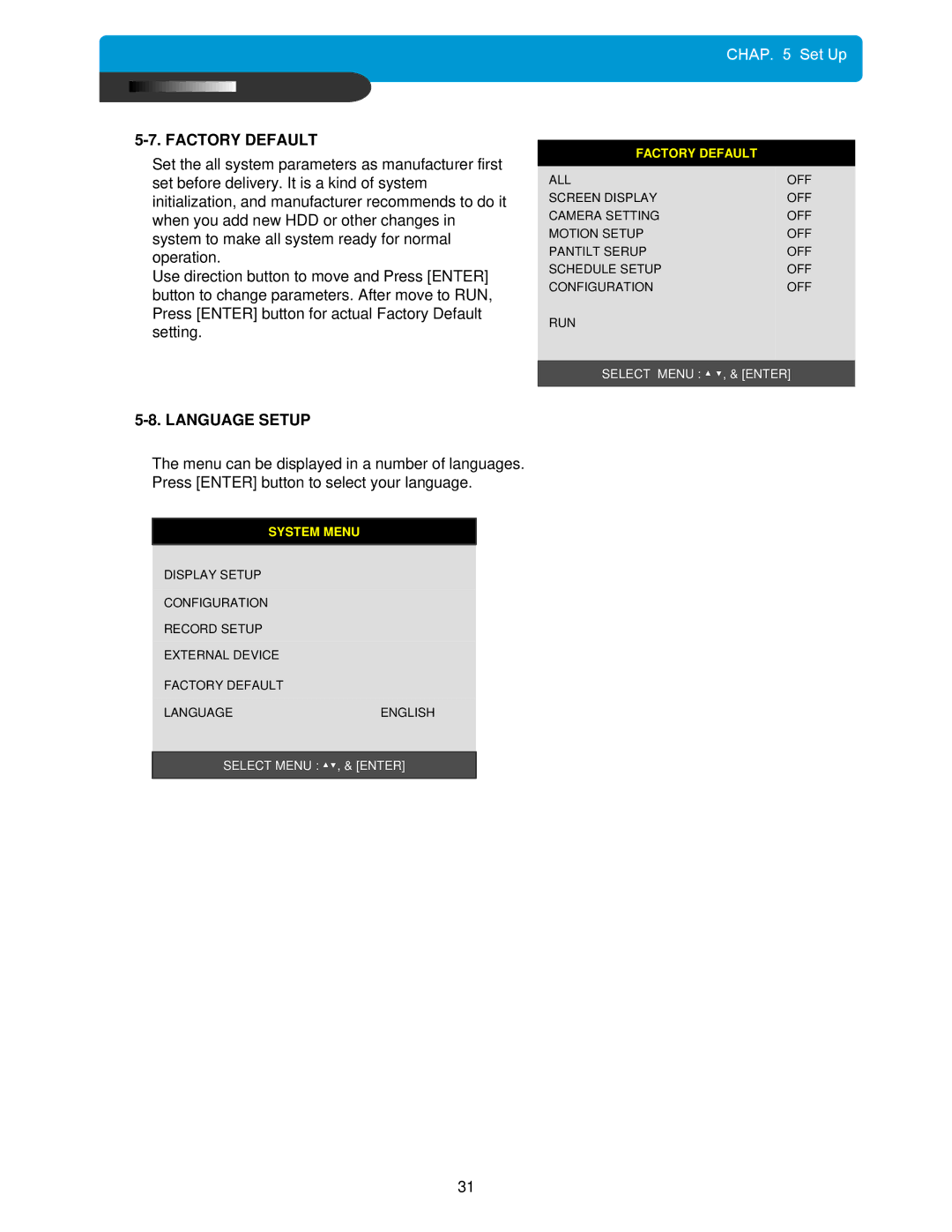 Maxtor DVMR manual Factory Default, Language Setup 