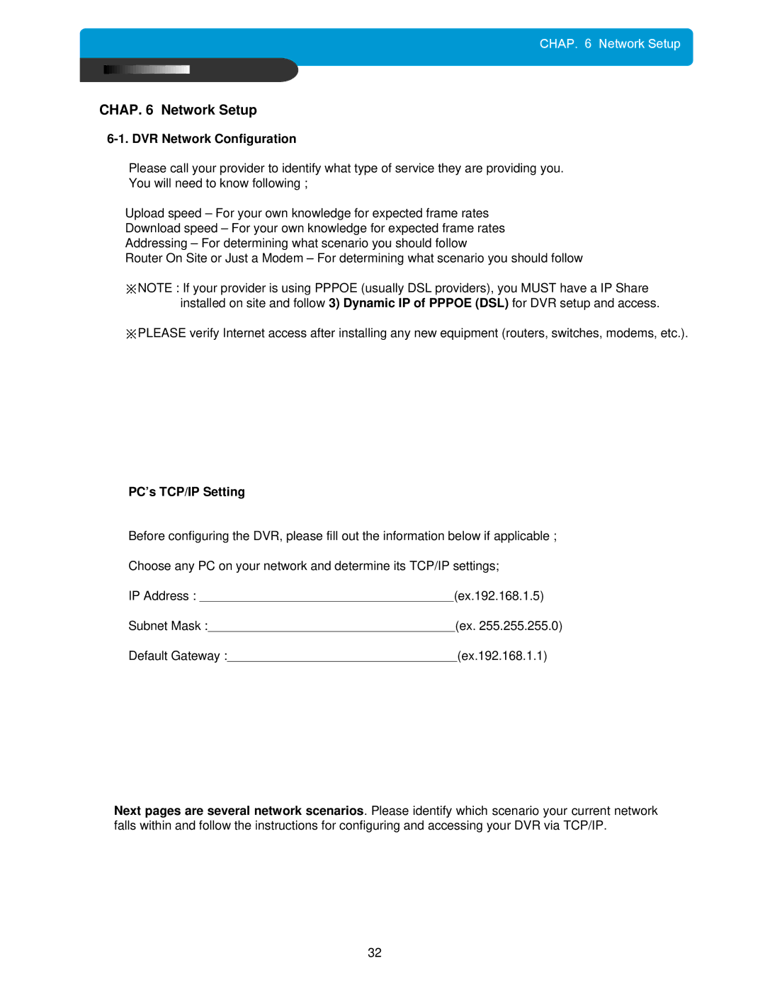 Maxtor DVMR manual Chap Network Setup, DVR Network Configuration, PC’s TCP/IP Setting 