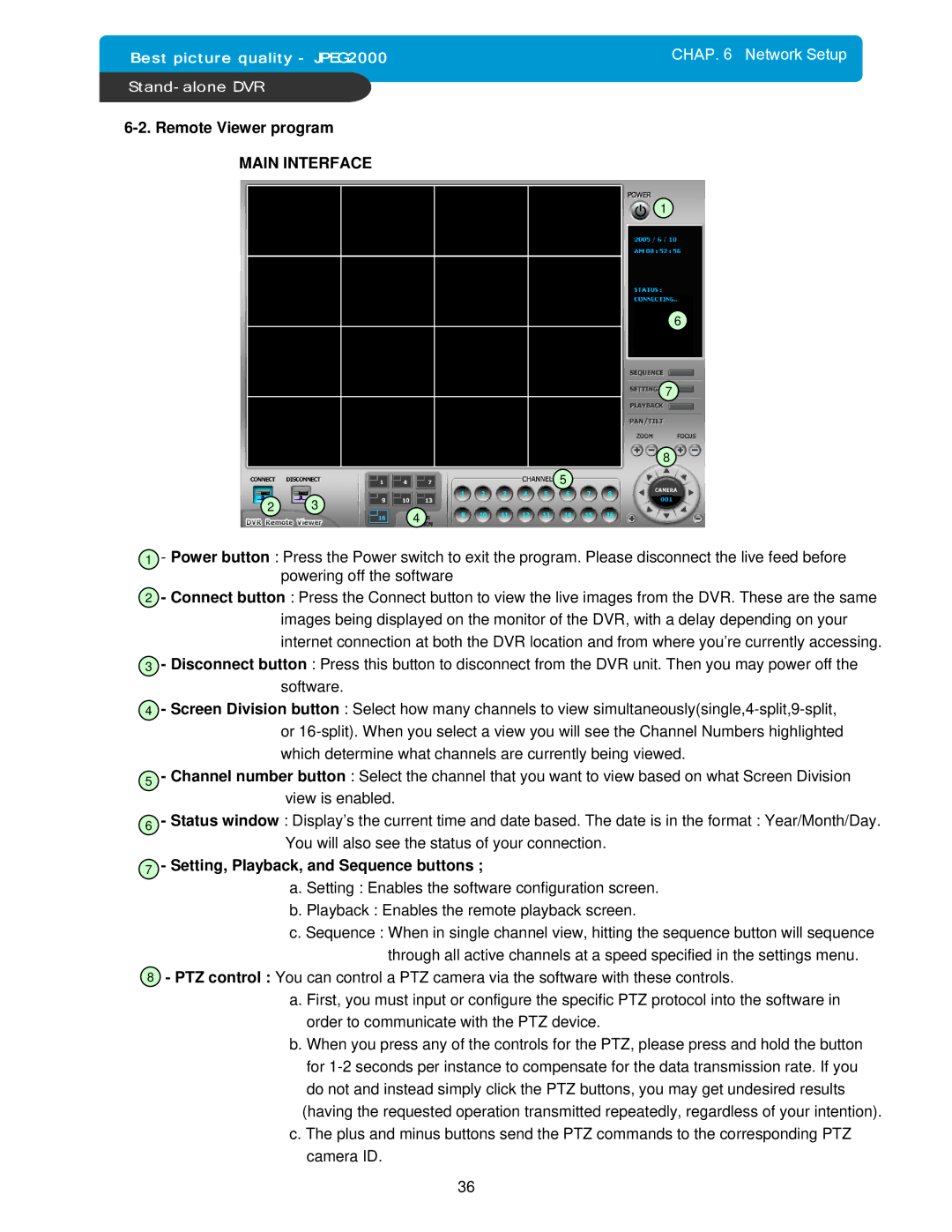 Maxtor DVMR manual Remote Viewer program, Main Interface, Setting, Playback, and Sequence buttons 