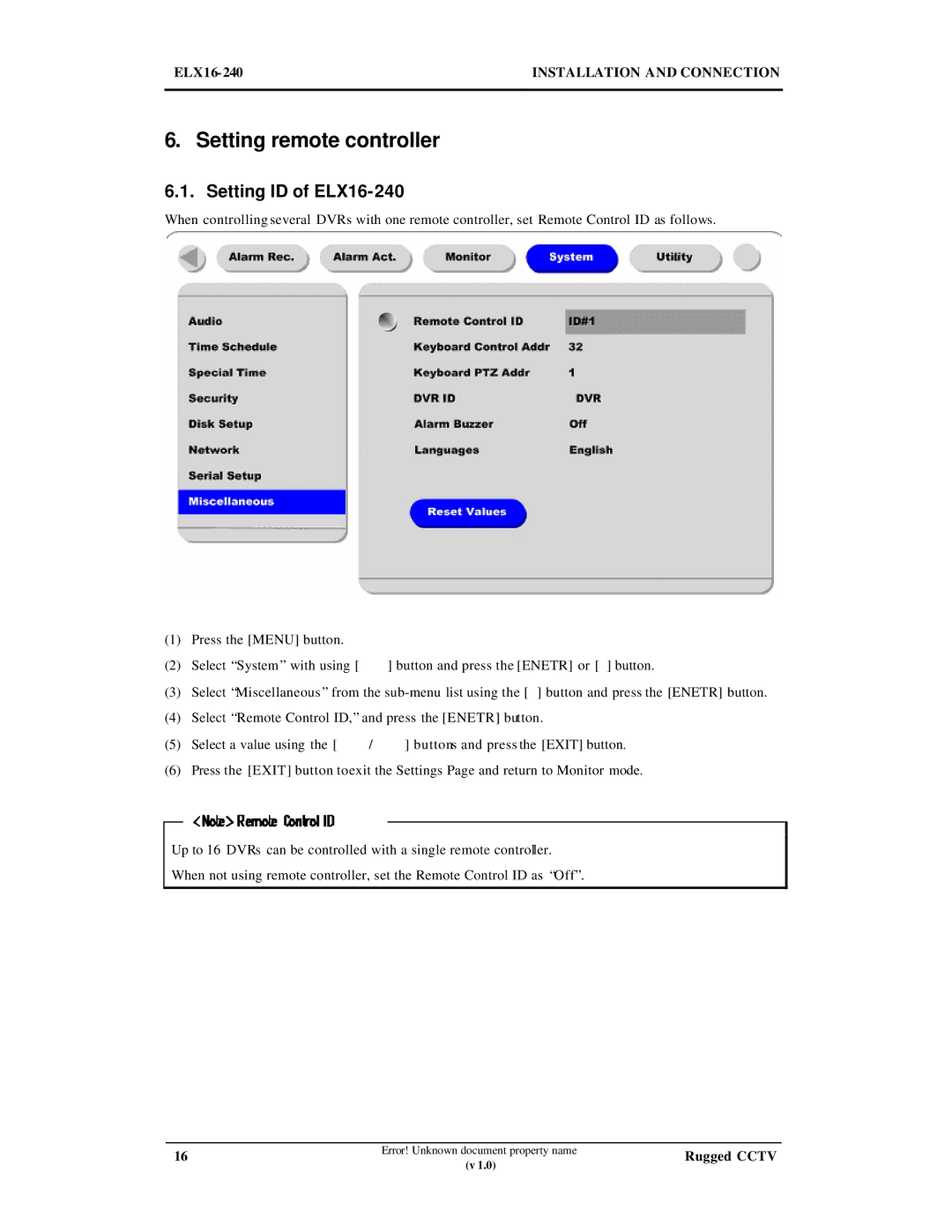 Maxtor manual Setting remote controller, Setting ID of ELX16-240 