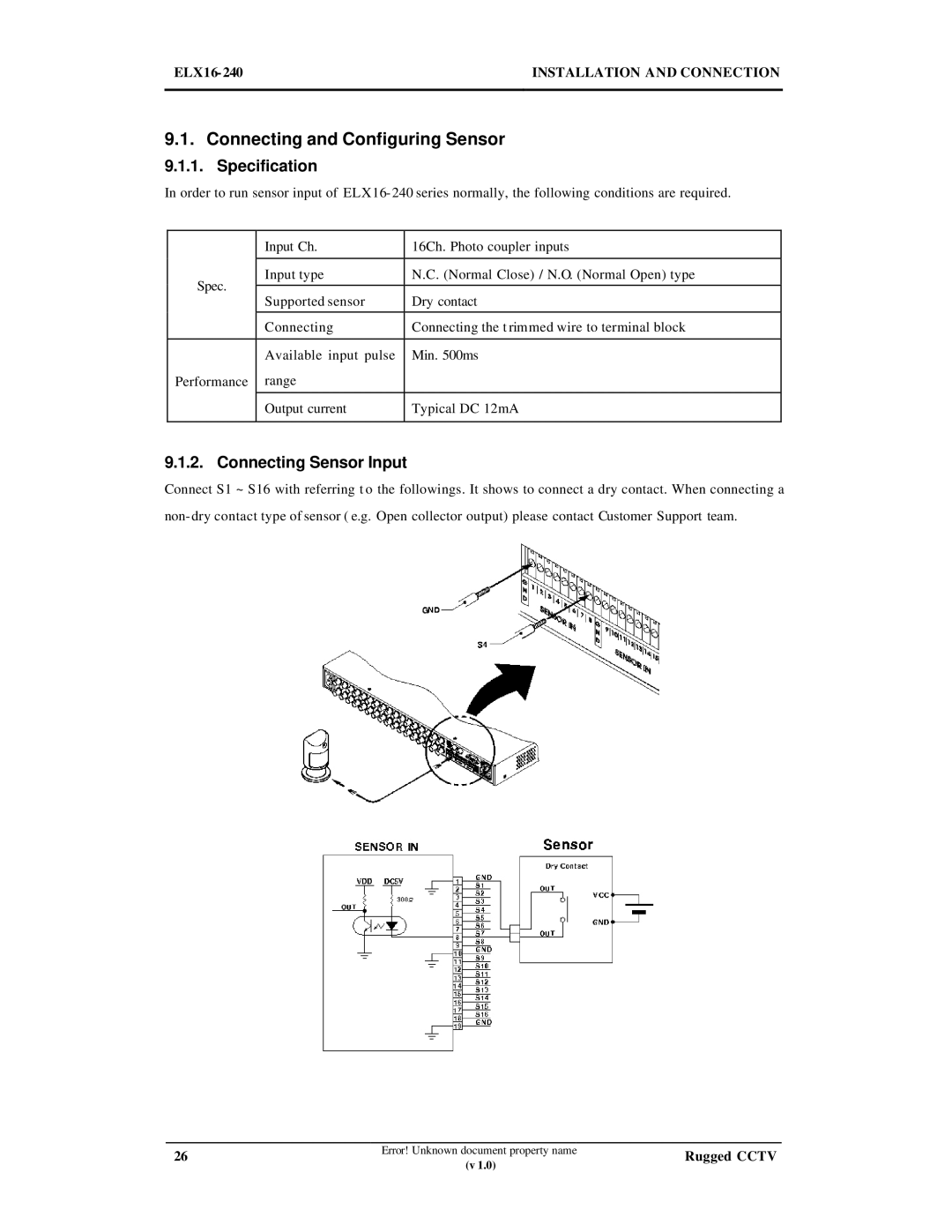 Maxtor ELX16-240 manual Connecting and Configuring Sensor, Specification, Connecting Sensor Input 