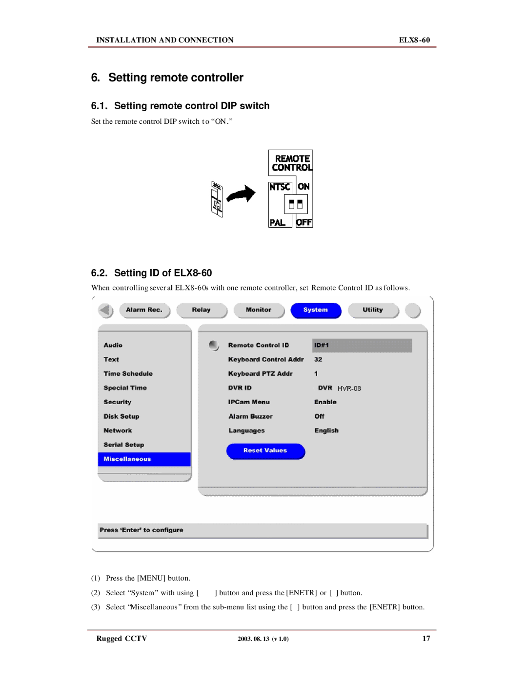 Maxtor manual Setting remote controller, Setting remote control DIP switch, Setting ID of ELX8-60 