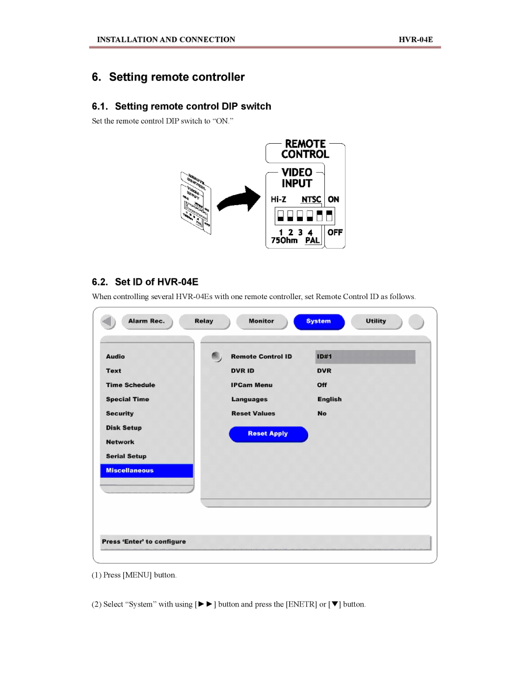 Maxtor manual Setting remote controller, Setting remote control DIP switch, Set ID of HVR-04E 