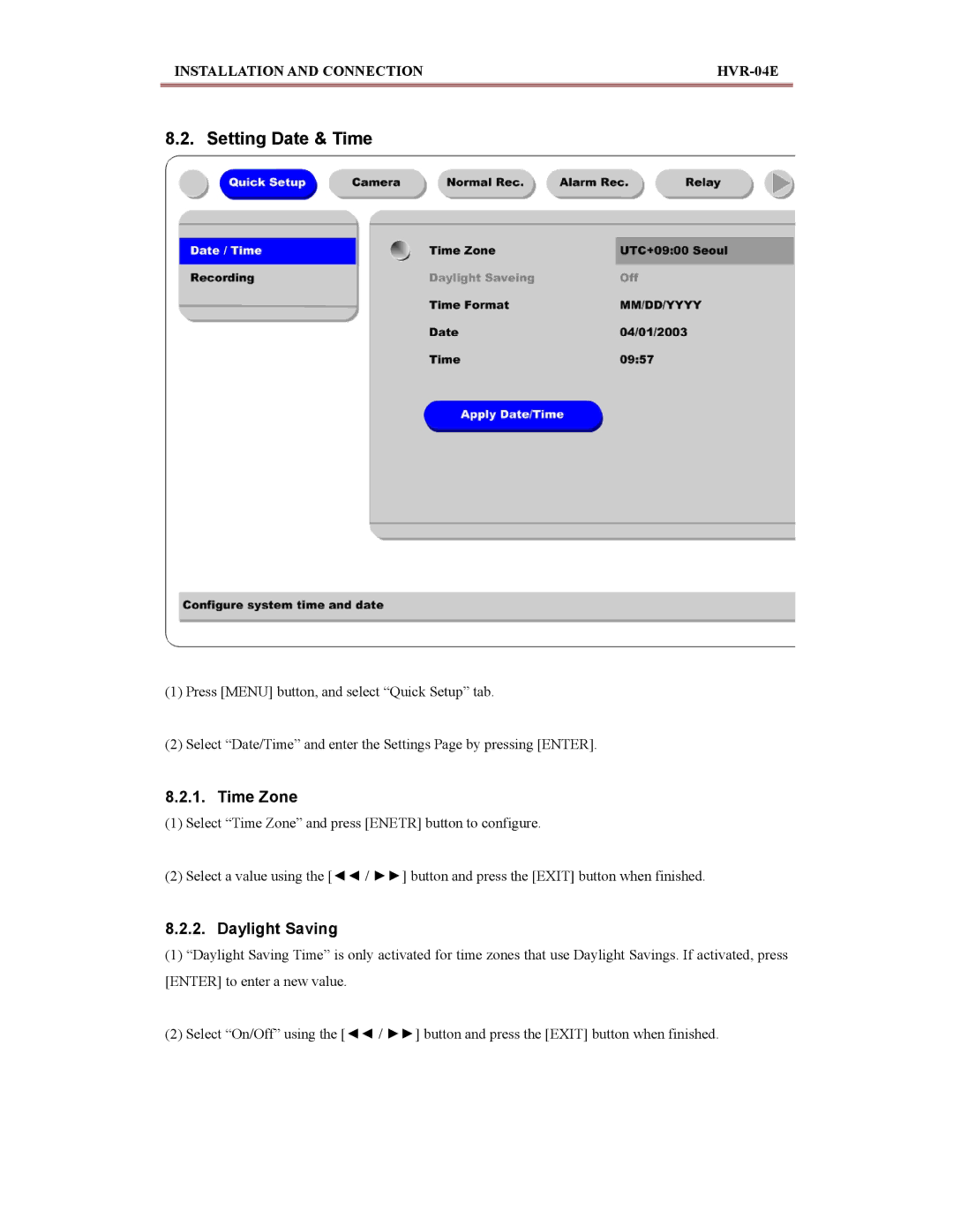 Maxtor HVR-04E manual Setting Date & Time, Time Zone 