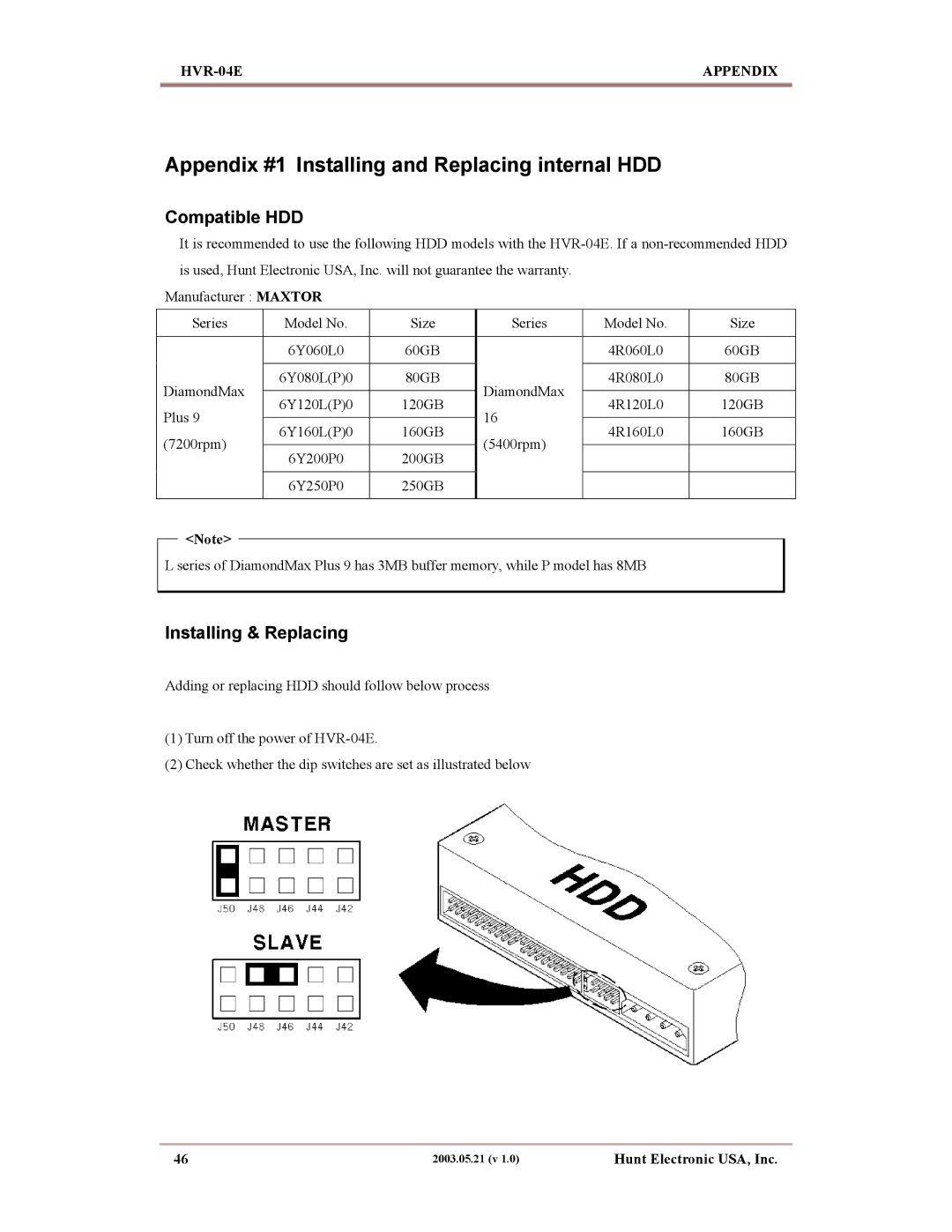 Maxtor HVR-04E manual Appendix #1 Installing and Replacing internal HDD, Compatible HDD, Installing & Replacing 