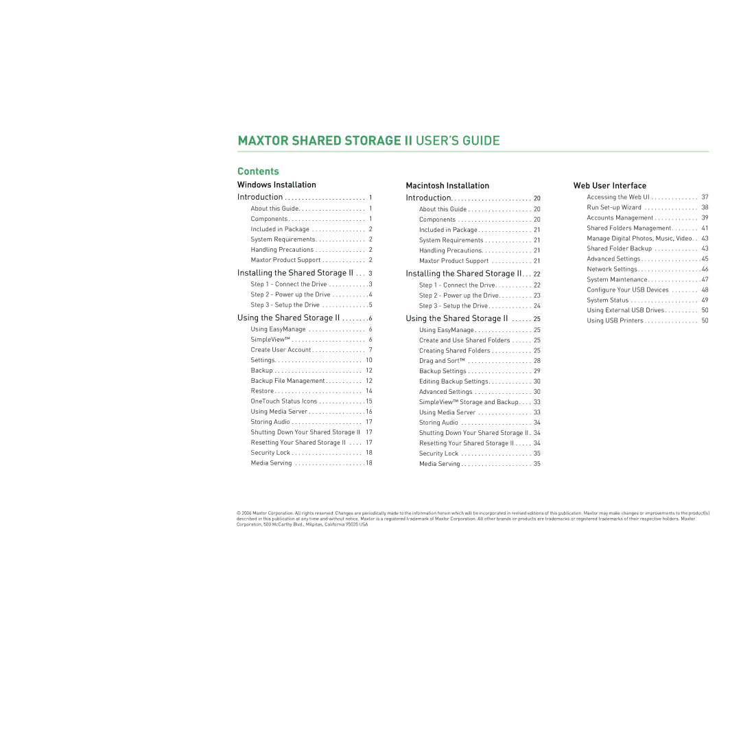 Maxtor manual Maxtor Shared Storage II USER’S Guide, Contents 
