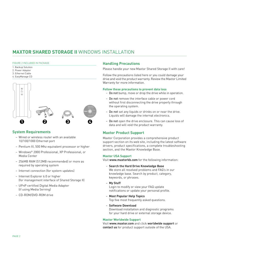 Maxtor II manual System Requirements, Handling Precautions, Maxtor Product Support 