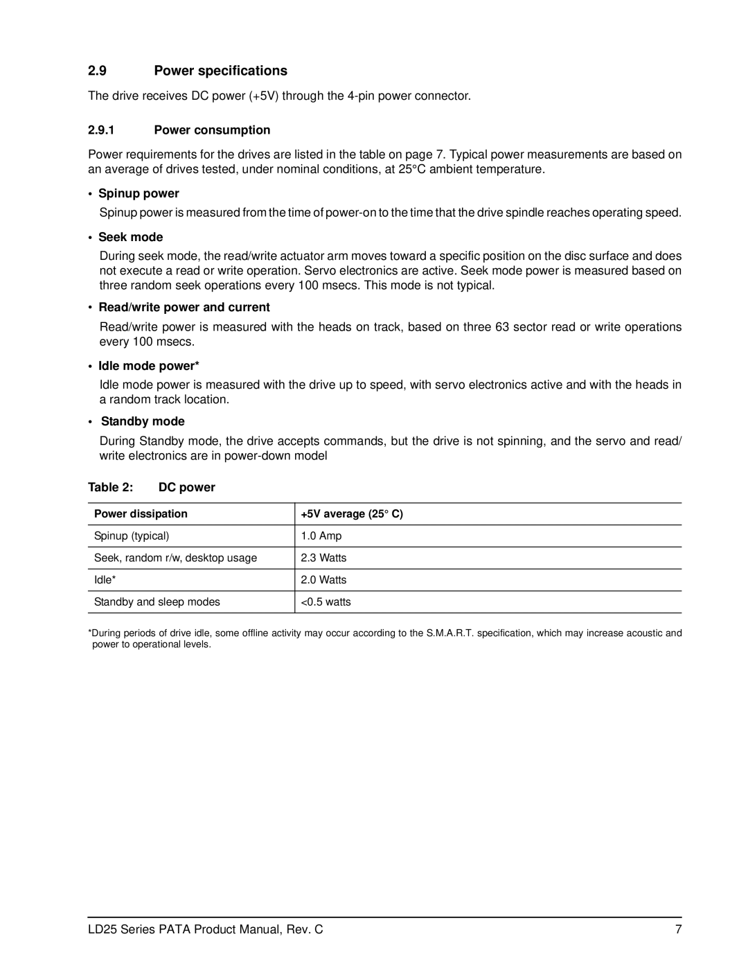 Maxtor LD25 Series manual Power specifications 