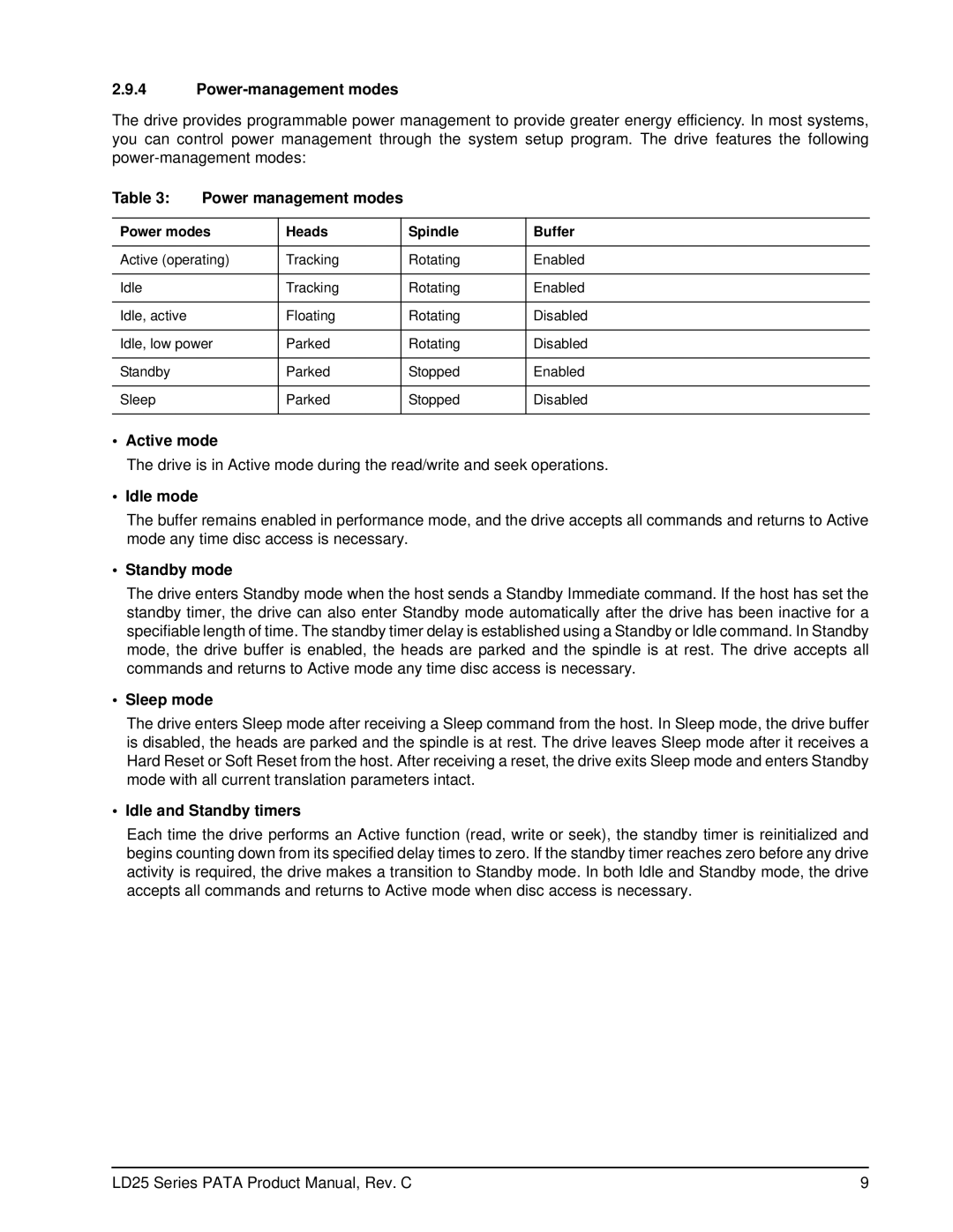 Maxtor LD25 Series manual Power-management modes, Power management modes, Active mode, Idle mode, Sleep mode 