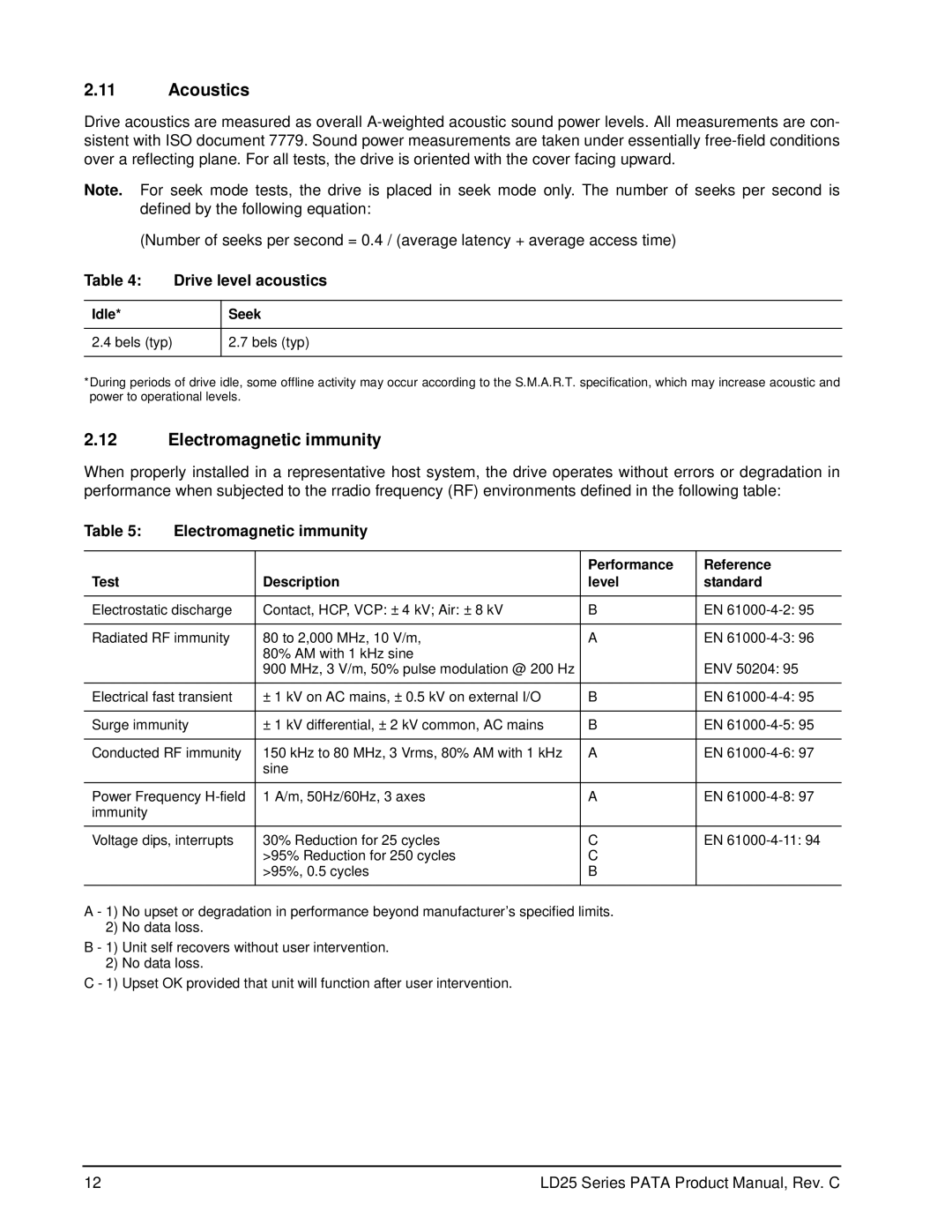 Maxtor LD25 Series manual Acoustics, Electromagnetic immunity, Drive level acoustics 