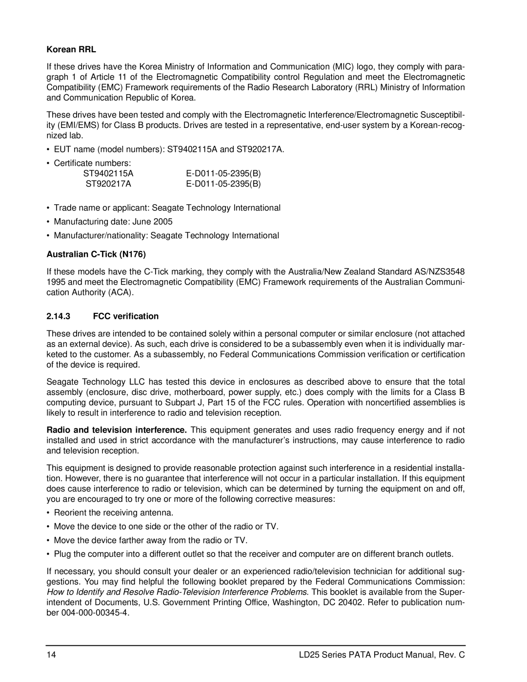 Maxtor LD25 Series manual Korean RRL, Australian C-Tick N176, FCC verification 