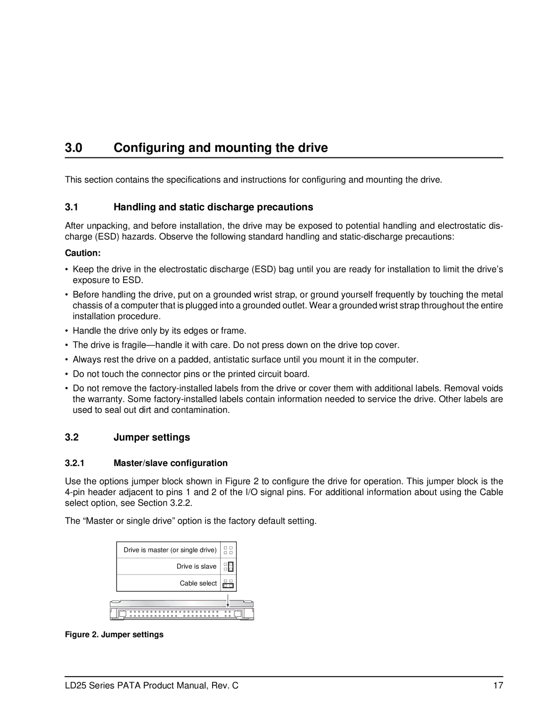 Maxtor LD25 Series manual Configuring and mounting the drive, Handling and static discharge precautions, Jumper settings 