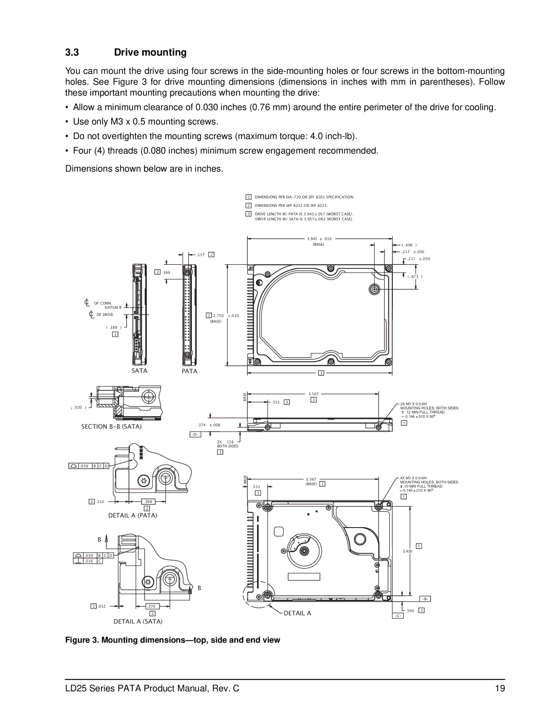 Maxtor LD25 Series manual Drive mounting, Mounting dimensions-top, side and end view 