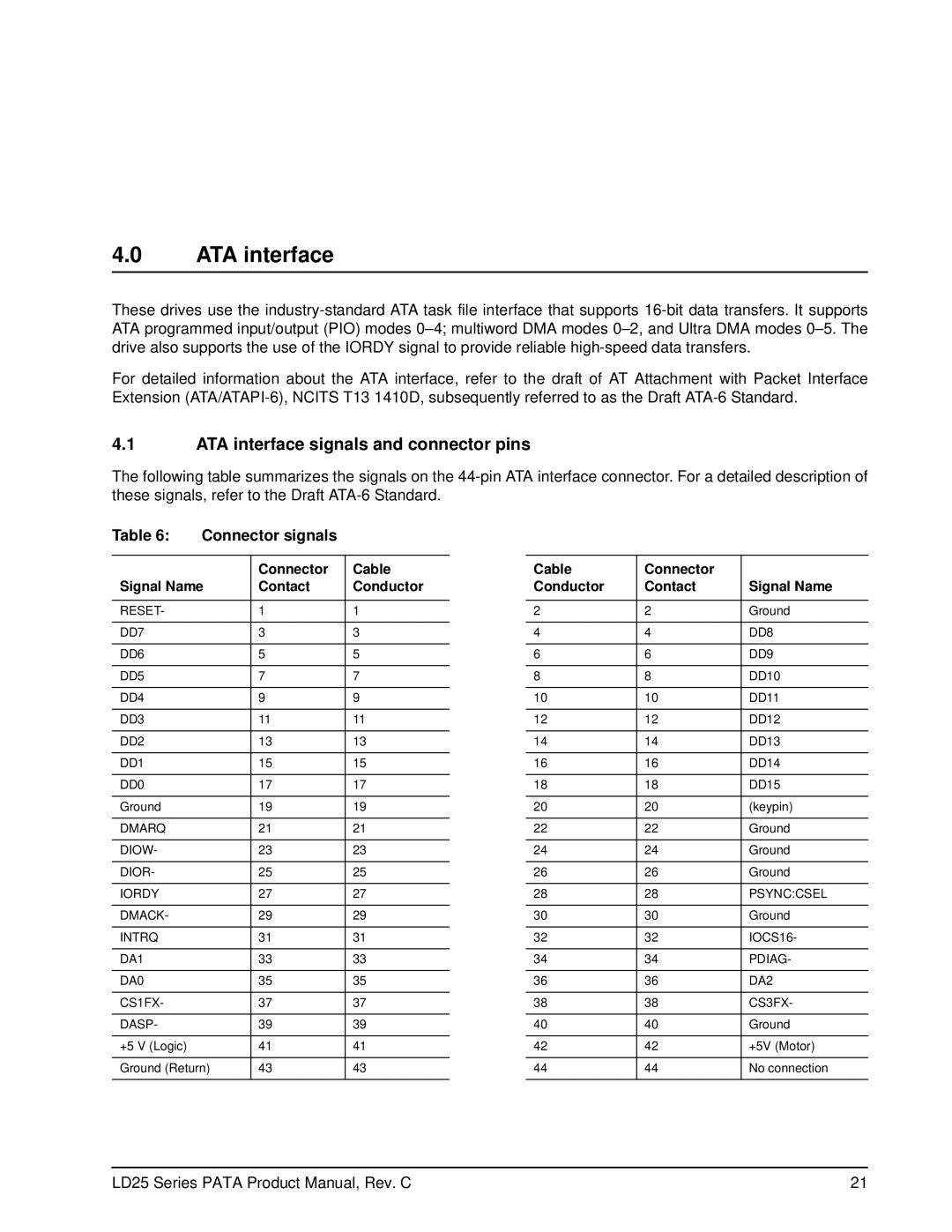 Maxtor LD25 Series manual ATA interface signals and connector pins, Connector signals 