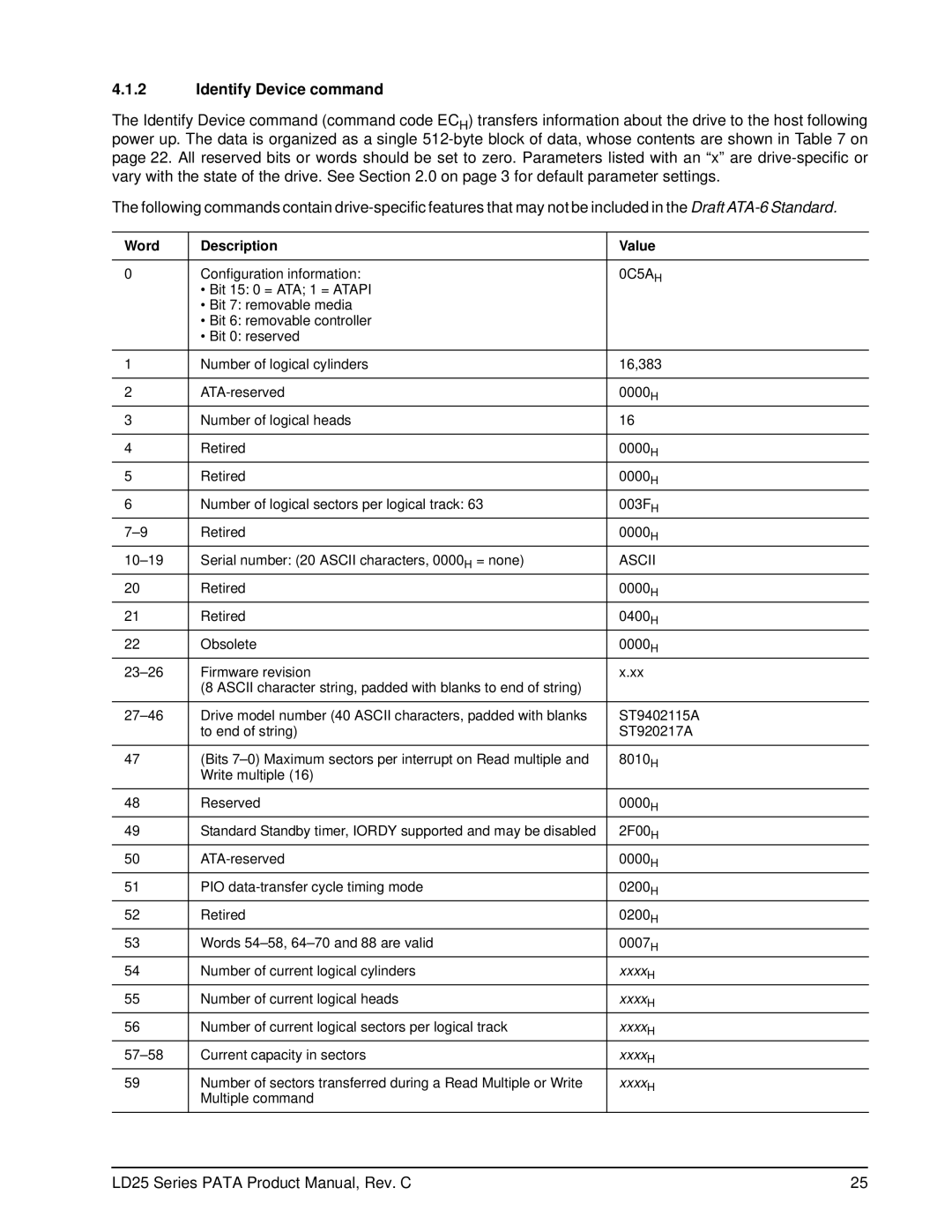 Maxtor LD25 Series manual Identify Device command, Word Description Value 