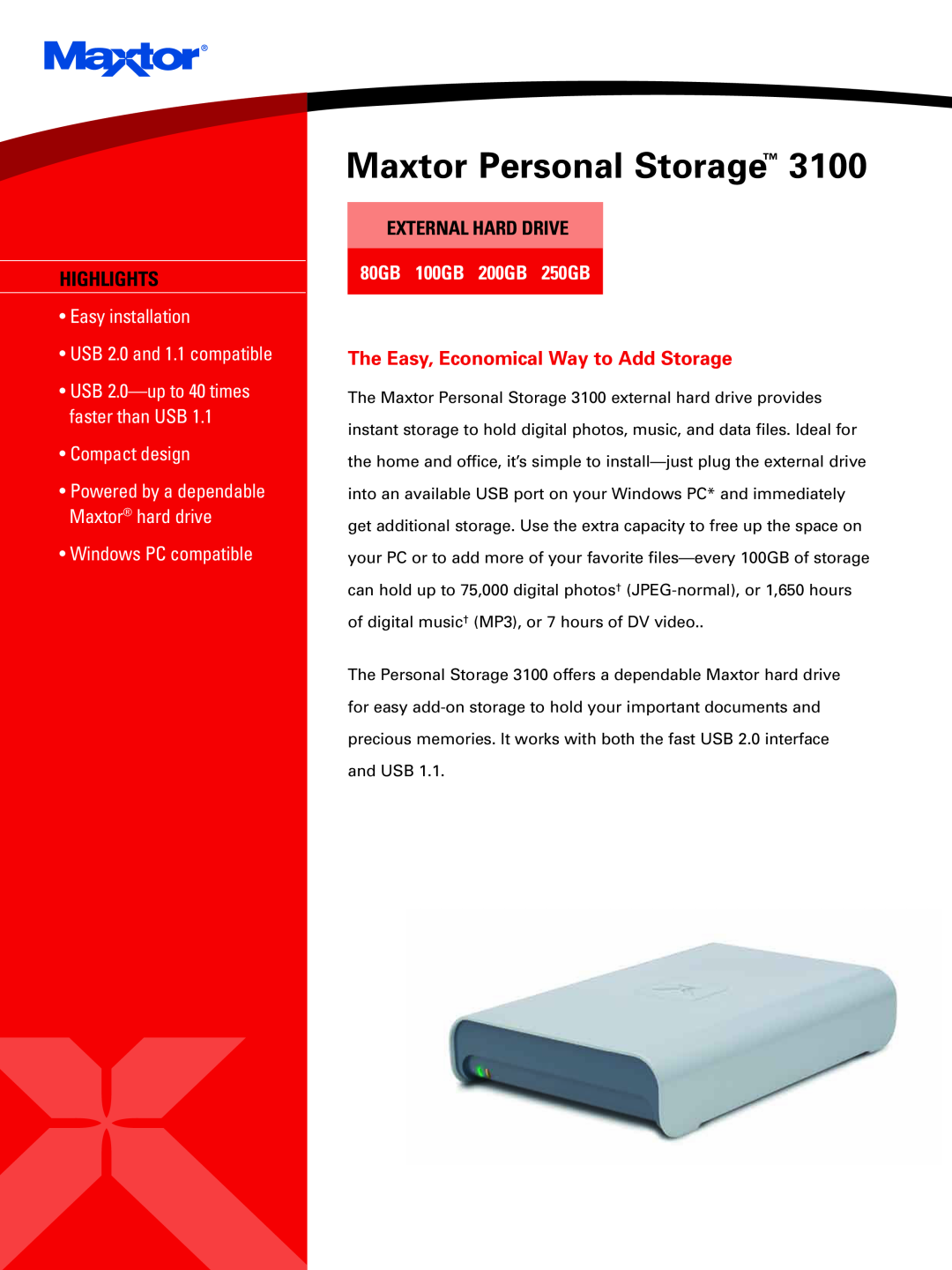 Maxtor M01H250 manual Maxtor Personal Storage, Highlights, Easy installation USB 2.0 and 1.1 compatible, Compact design 