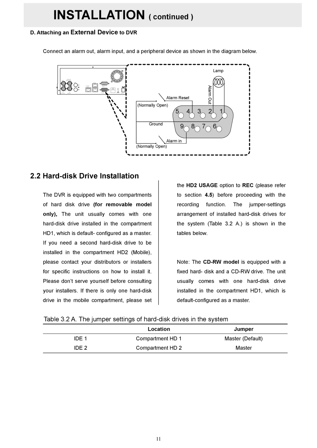 Maxtor MV-DR3000 operation manual Hard-disk Drive Installation, Attaching an External Device to DVR, Location Jumper, Ide 