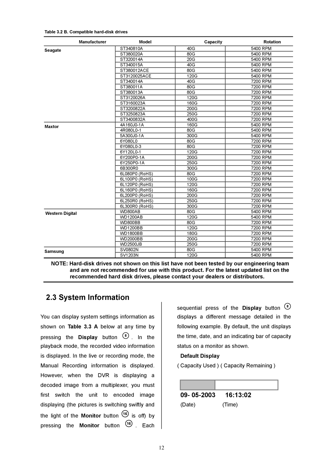 Maxtor MV-DR3000 operation manual System Information, 09- 05-2003, Default Display 