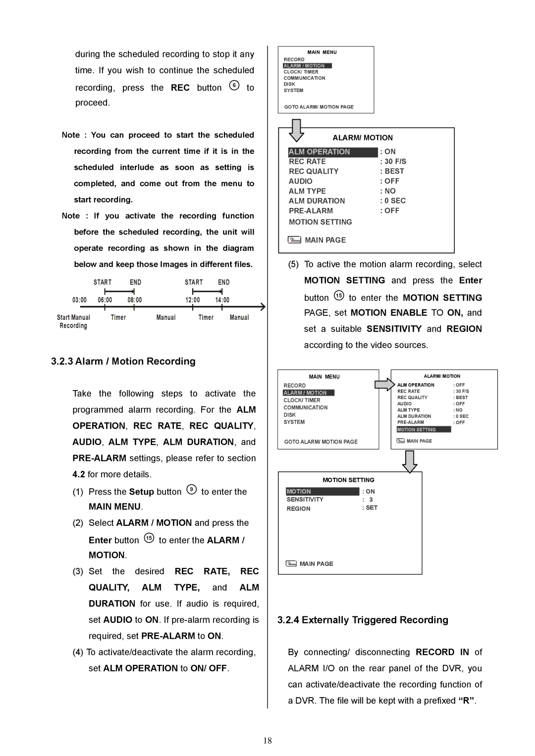 Maxtor MV-DR3000 operation manual Alarm / Motion Recording 