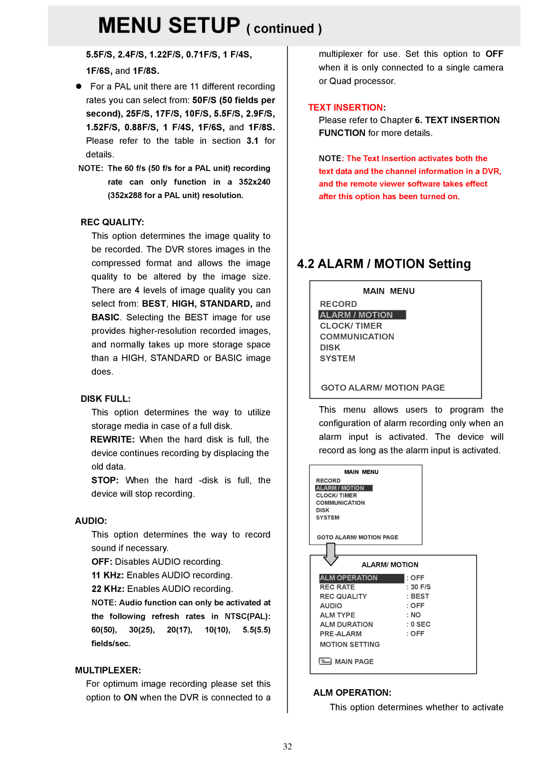 Maxtor MV-DR3000 operation manual Menu Setup, Alarm / Motion Setting 