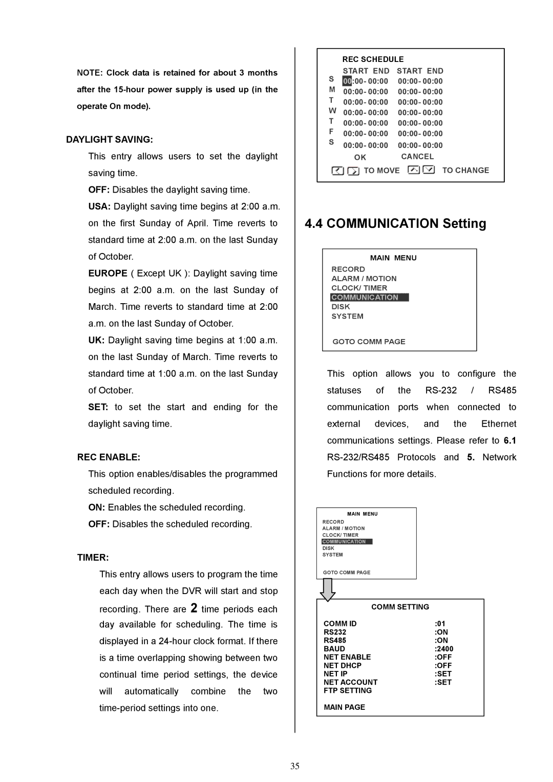 Maxtor MV-DR3000 operation manual Communication Setting, Daylight Saving, REC Enable, Timer 