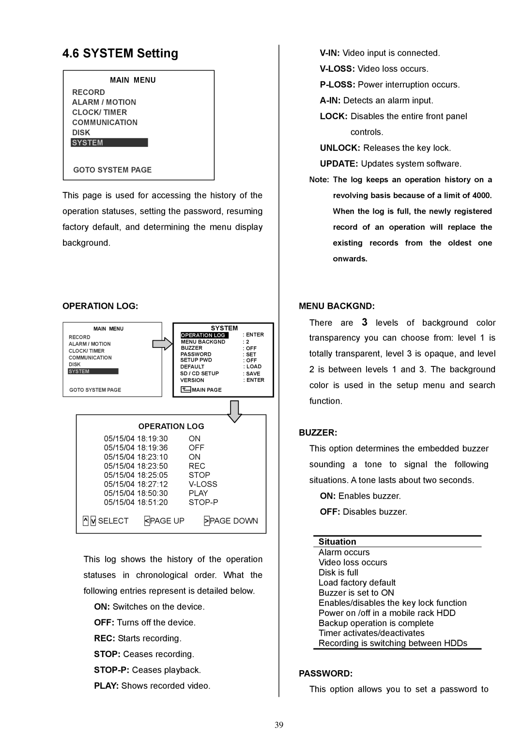 Maxtor MV-DR3000 operation manual System Setting, Operation LOG, Menu Backgnd, Buzzer, Situation 