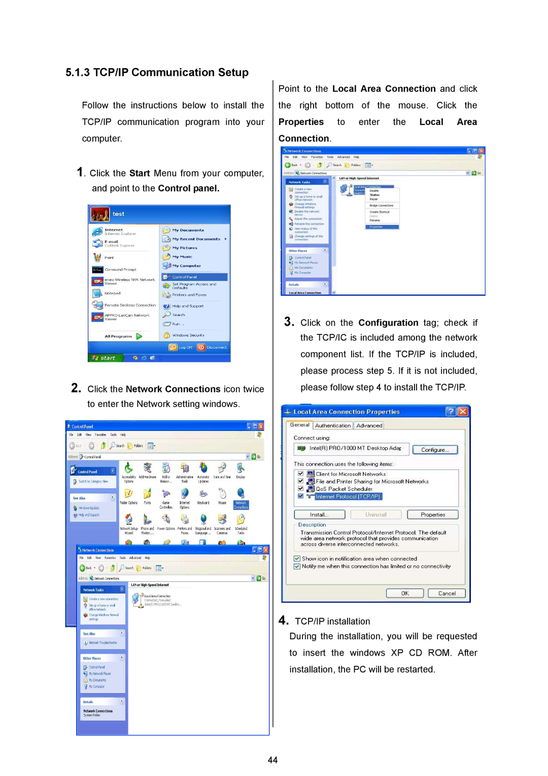 Maxtor MV-DR3000 operation manual 3 TCP/IP Communication Setup, Properties to enter the Local Area Connection 