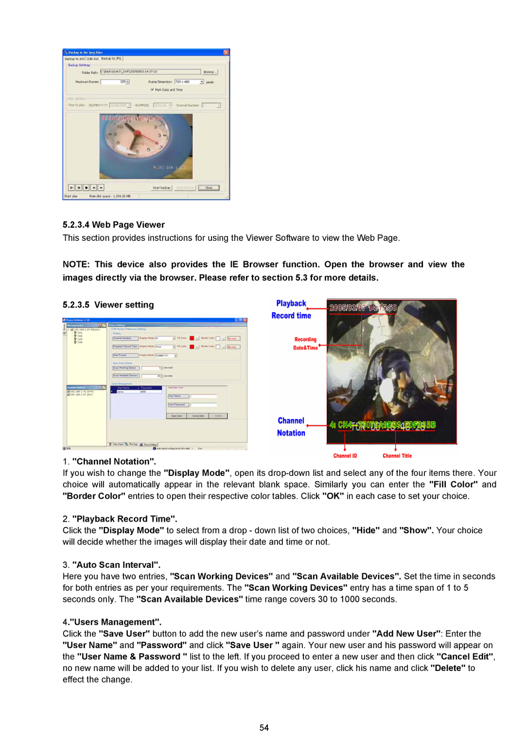 Maxtor MV-DR3000 Web Page Viewer, Viewer setting Channel Notation, Playback Record Time, Auto Scan Interval 