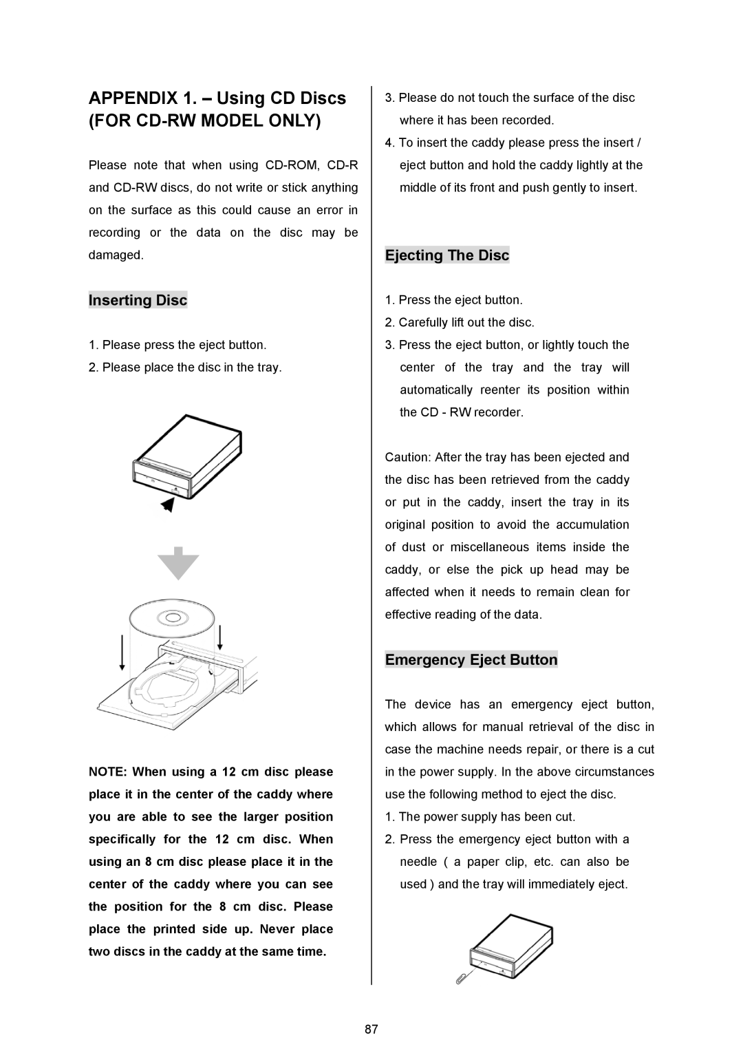 Maxtor MV-DR3000 operation manual Appendix 1. Using CD Discs, Inserting Disc, Ejecting The Disc, Emergency Eject Button 