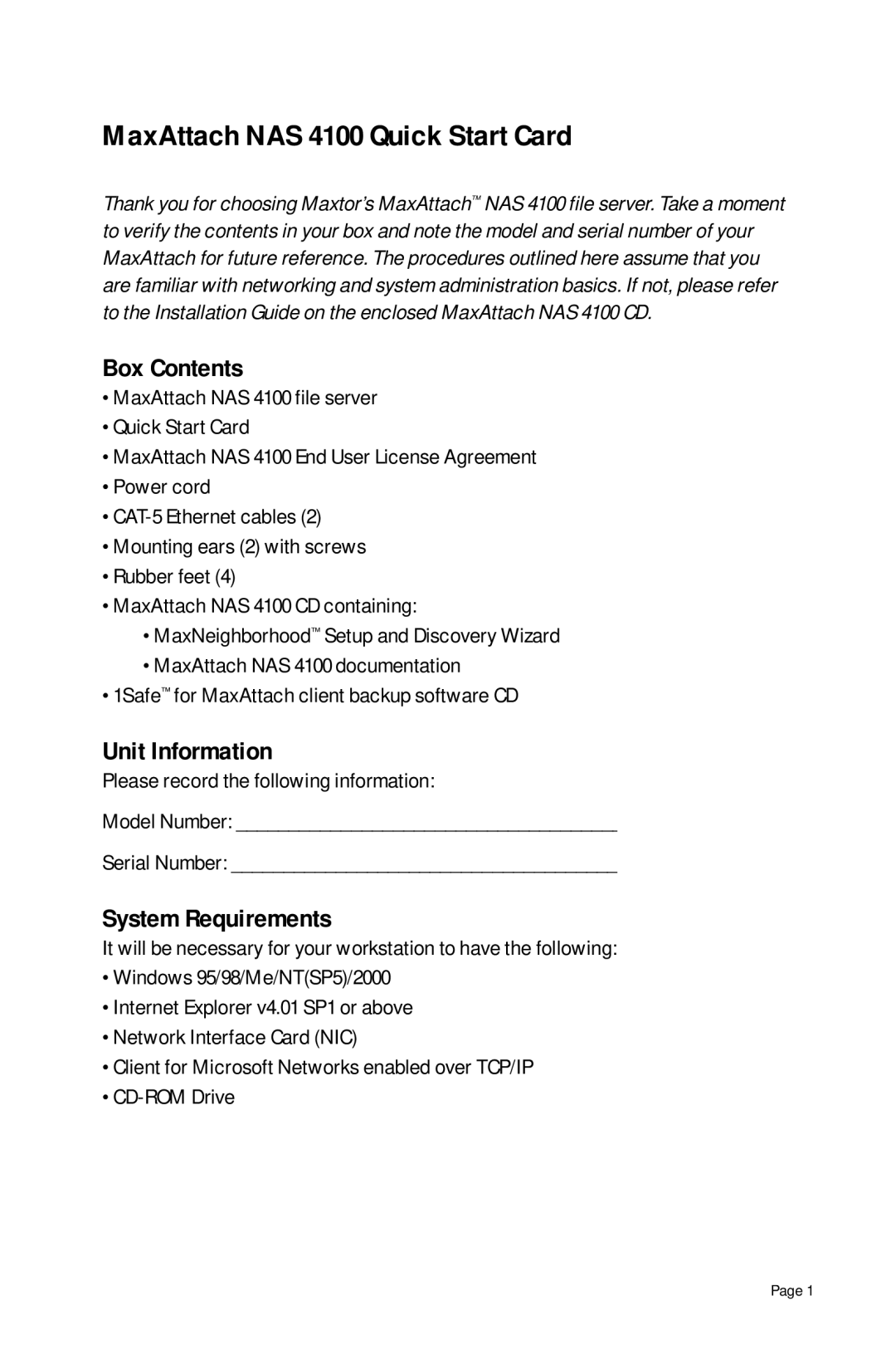 Maxtor quick start MaxAttach NAS 4100 Quick Start Card, Box Contents, Unit Information, System Requirements 