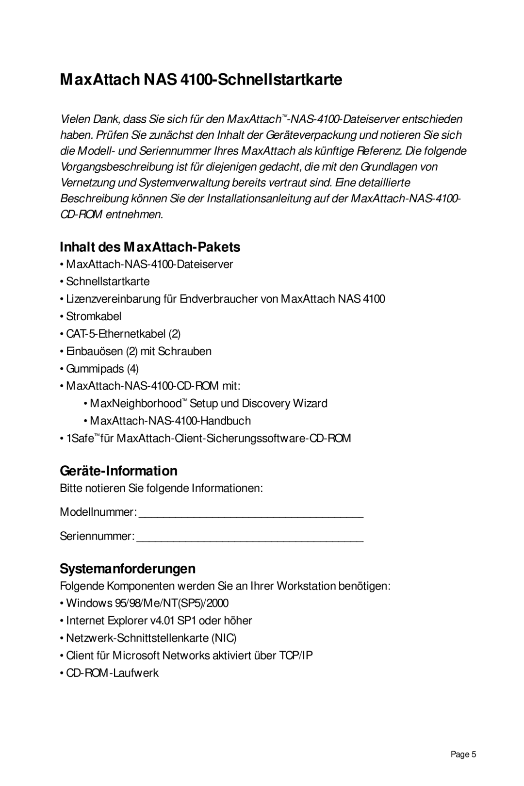 Maxtor MaxAttach NAS 4100-Schnellstartkarte, Inhalt des MaxAttach-Pakets, Geräte-Information, Systemanforderungen 