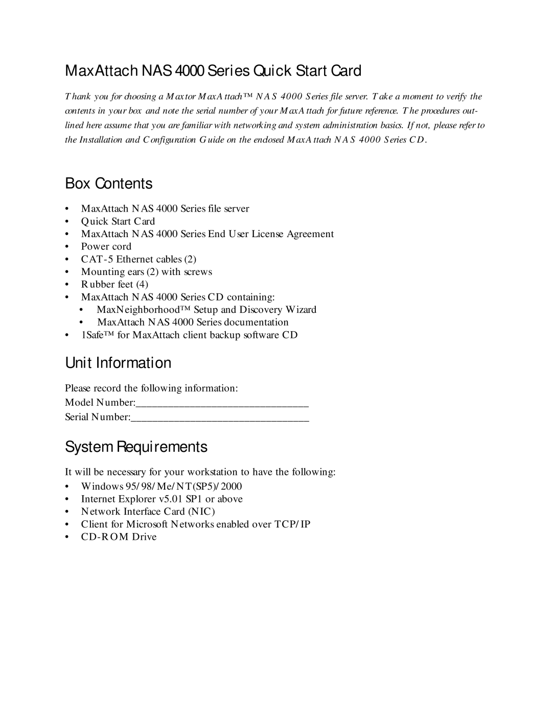 Maxtor quick start MaxAttach NAS 4000 Series Quick Start Card, Box Contents, Unit Information, System Requirements 