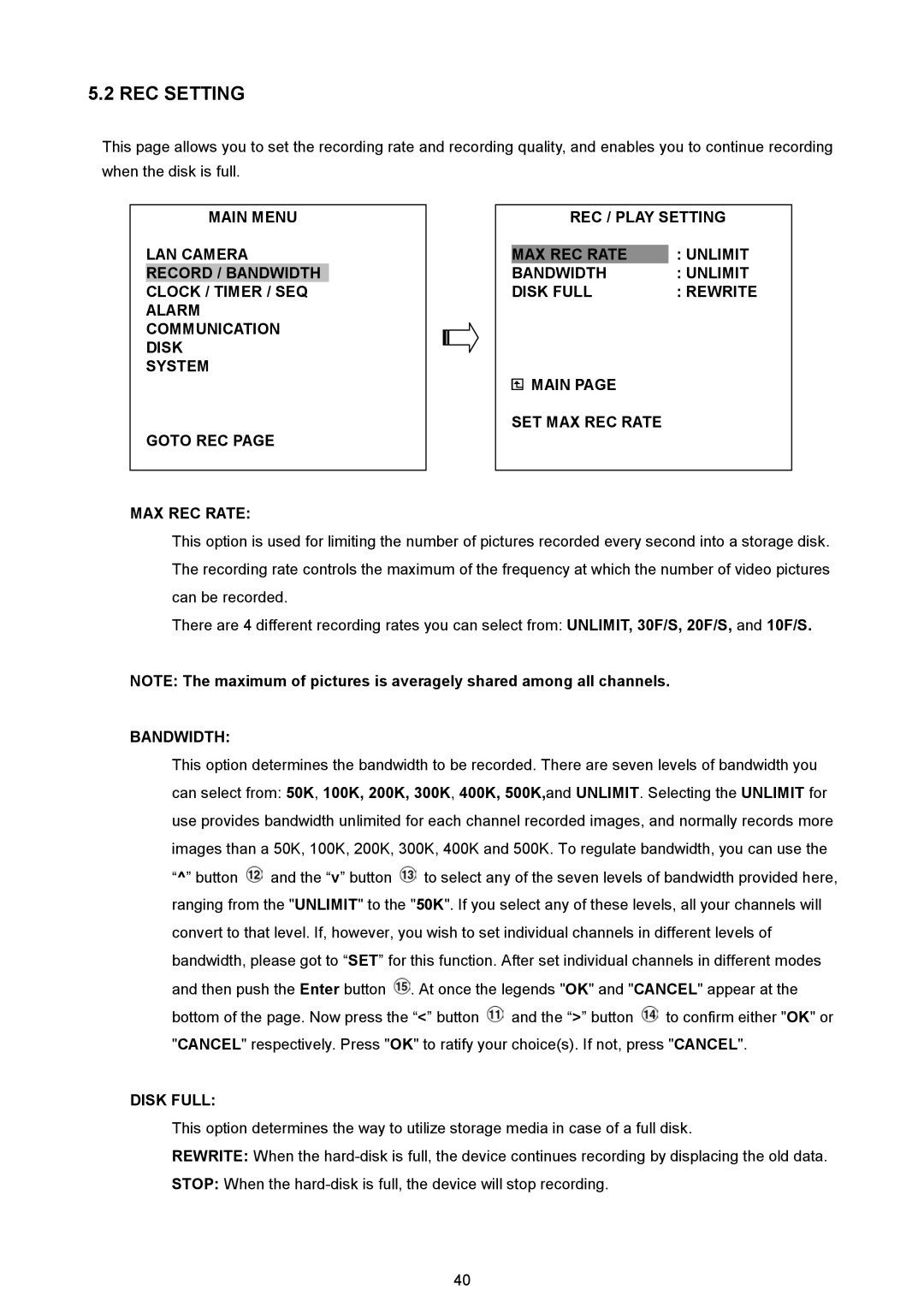 Maxtor NVR-2028 manual REC Setting, Bandwidth 