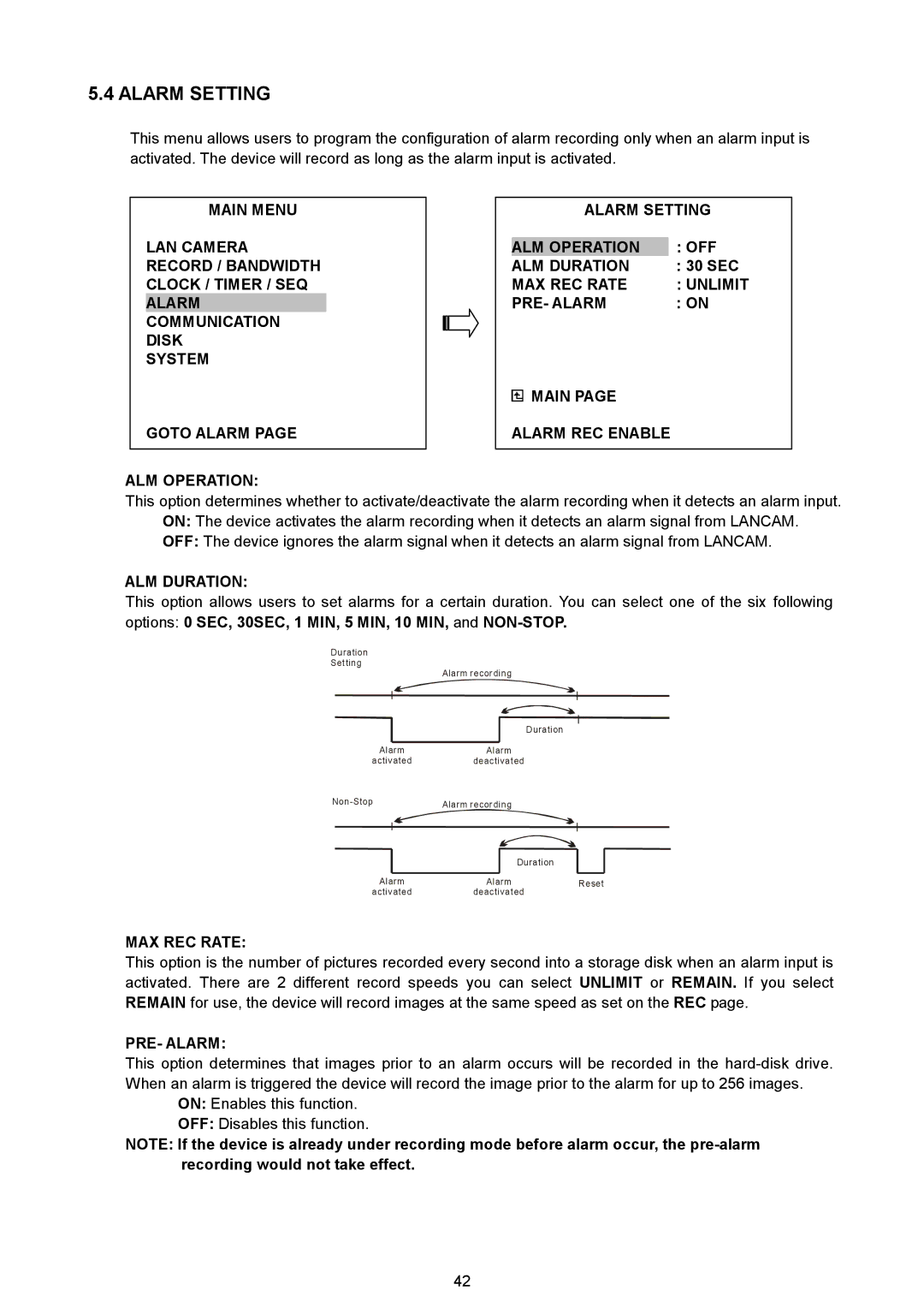 Maxtor NVR-2028 manual Alarm Setting, MAX REC Rate Unlimit PRE- Alarm Main Alarm REC Enable 