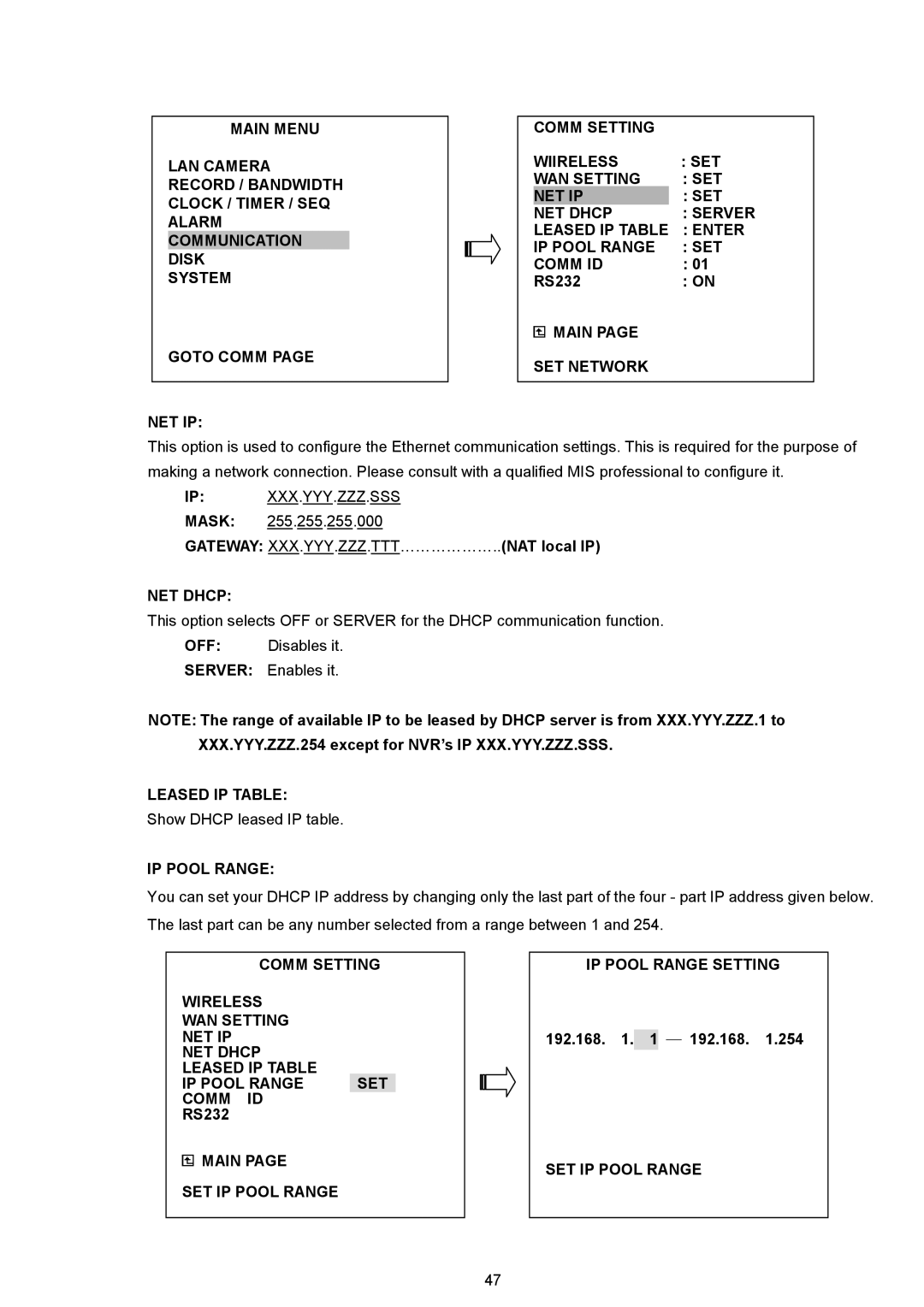 Maxtor NVR-2028 manual Gateway XXX.YYY.ZZZ.TTT………………..NAT local IP, Disables it, Enables it, 192.168 ― 192.168 