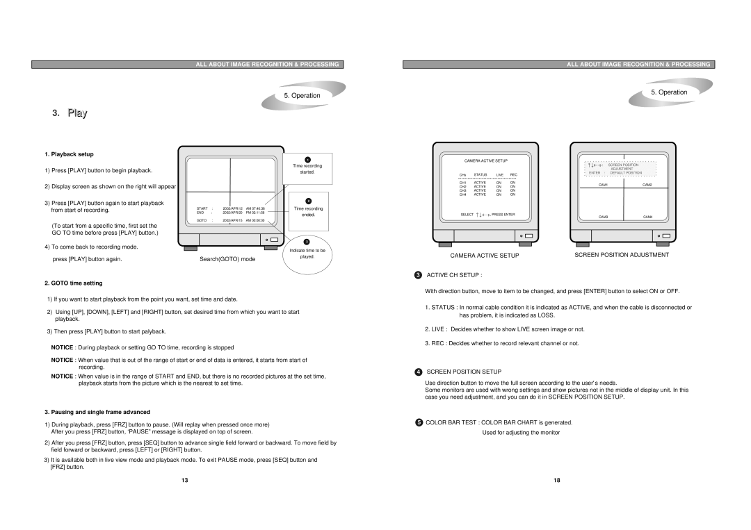 Maxtor pmn user manual Playl, Playback setup, Goto time setting, Pausing and single frame advanced, Screen Position Setup 