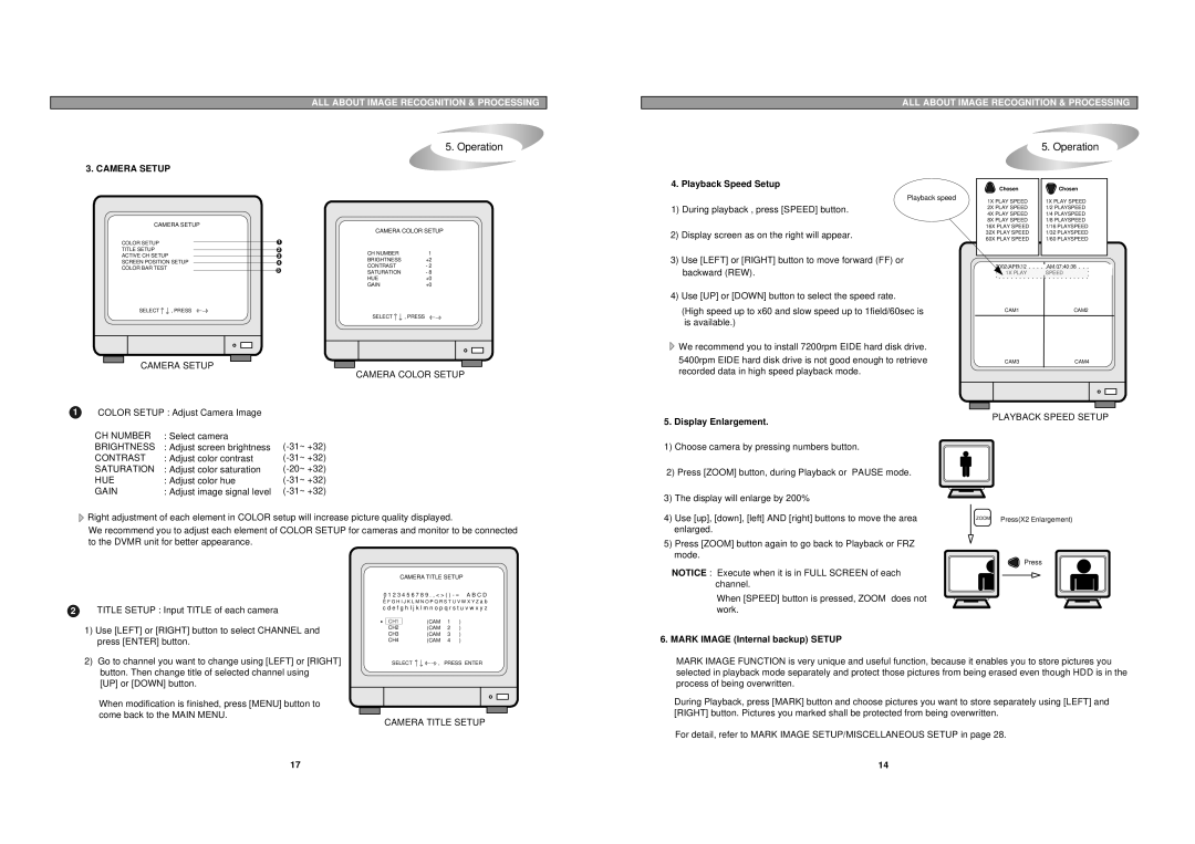 Maxtor pmn user manual Playback Speed Setup, Display Enlargement, Mark Image Internal backup Setup 