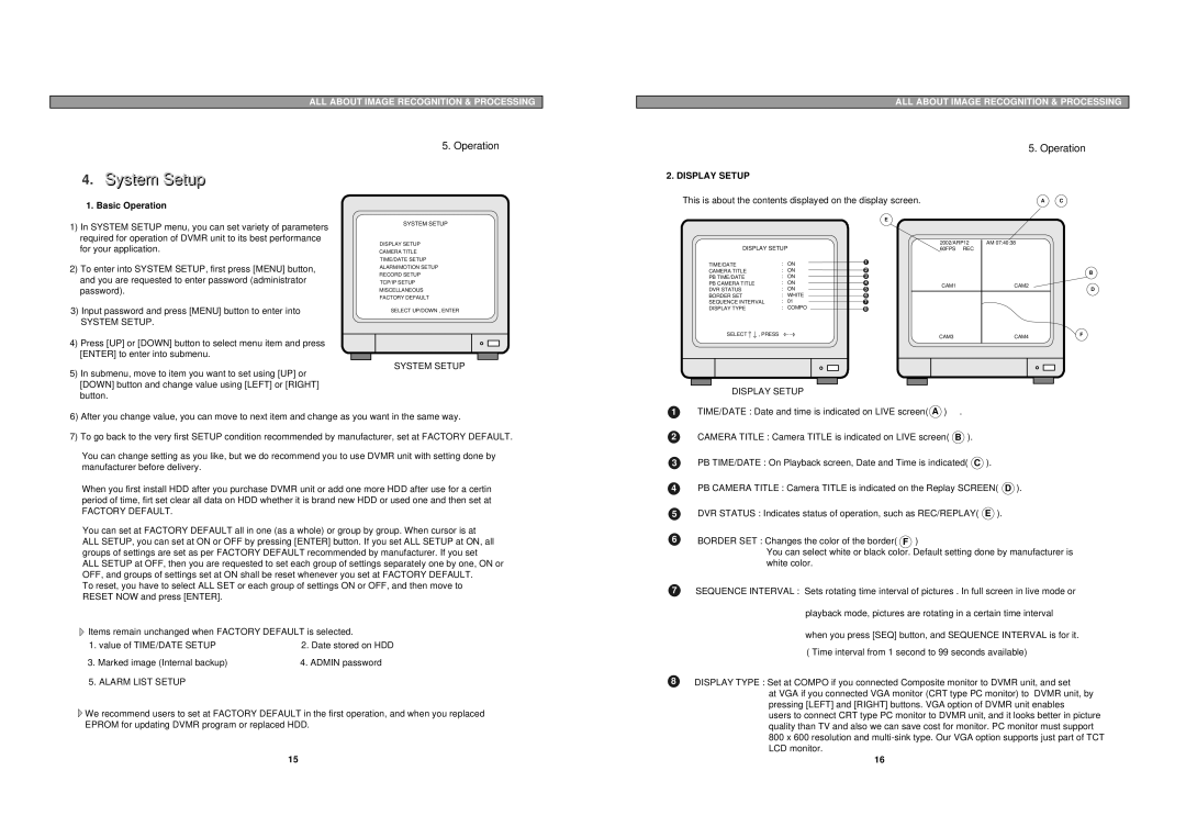 Maxtor pmn user manual Systemt Setup, System Setup Display Setup, Factory Default, Alarm List Setup 