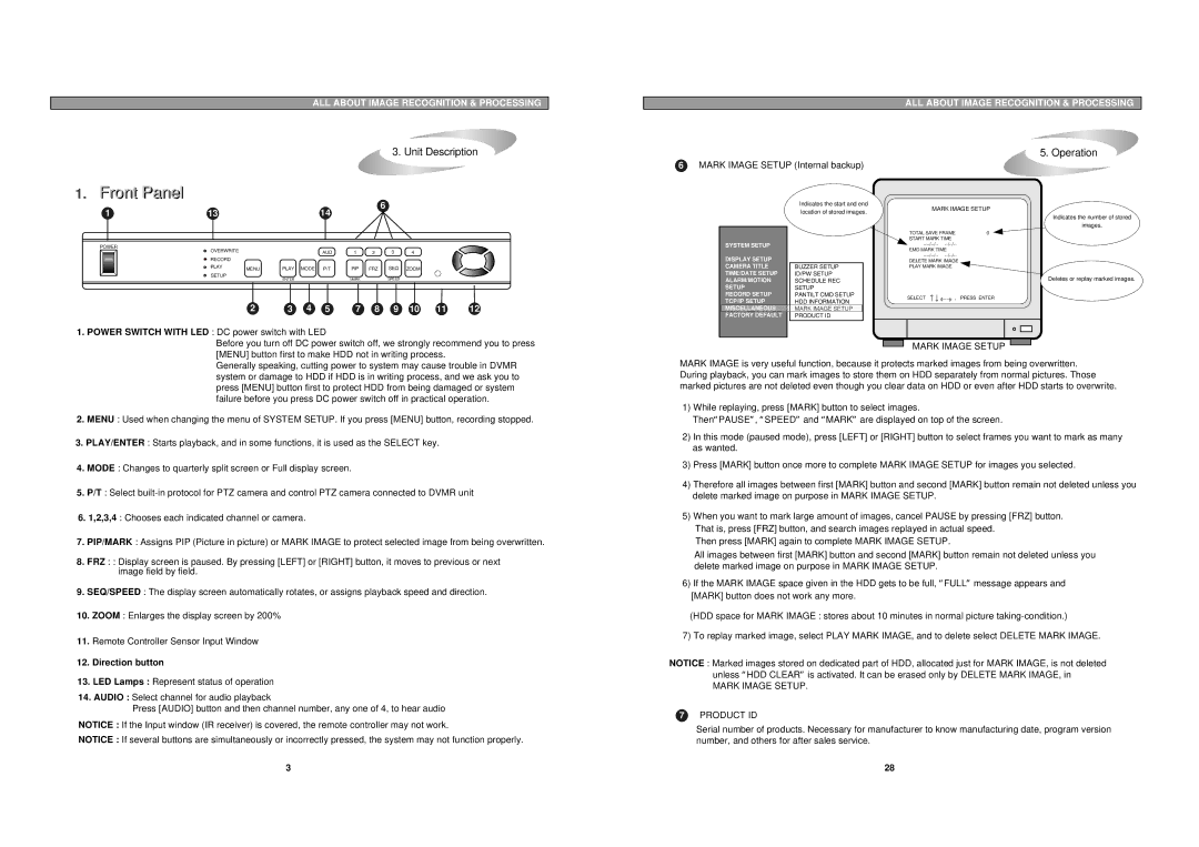 Maxtor pmn user manual Front Panell, Direction button, Mark Image Setup Product ID 