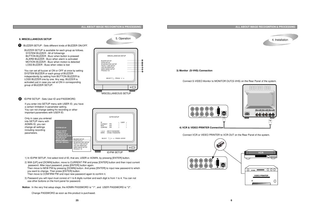 Maxtor pmn user manual Miscellaneous Setup, Monitor S-VHS Connection, ID/PW Setup, VCR & Video Printer Connection 