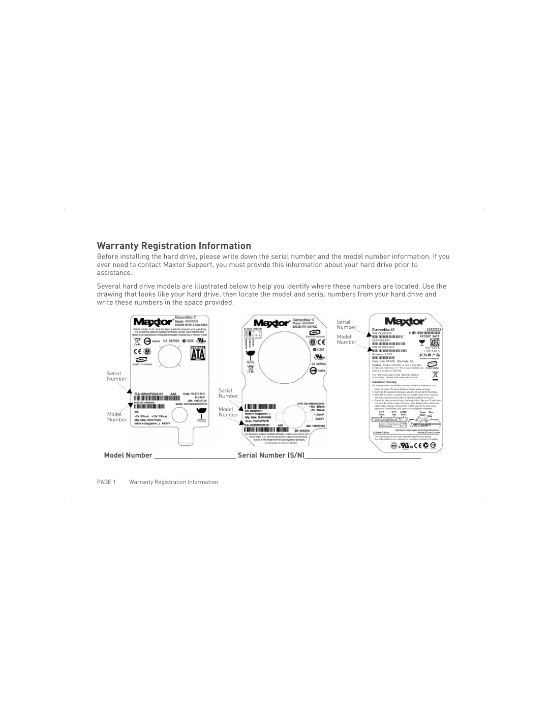 Maxtor SATA II/300 specifications Warranty Registration Information, Model Number Serial Number S/N 