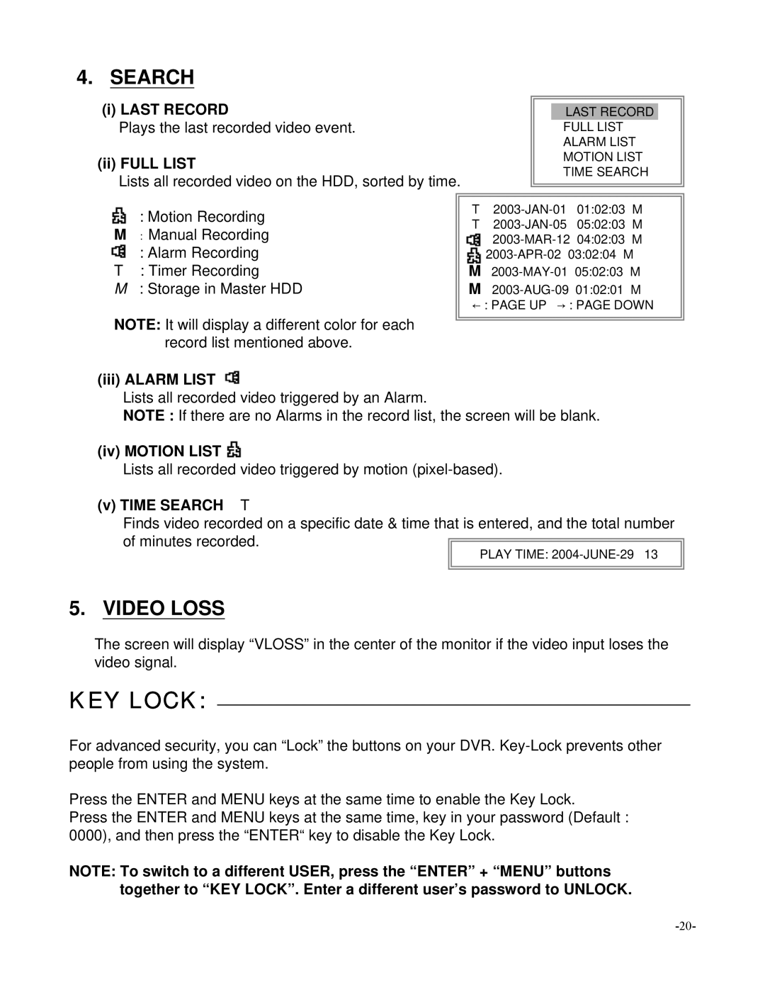 Maxtor SC324 manual KEY Lock, Search, Video Loss 