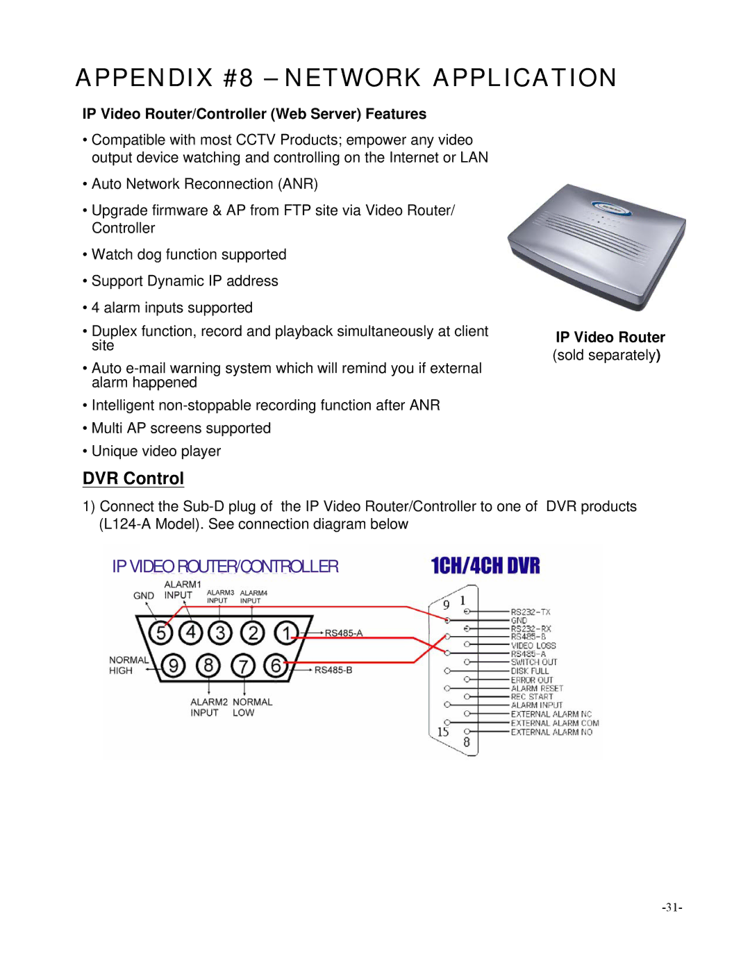 Maxtor SC324 manual Appendix #8 Network Application, IP Video Router/Controller Web Server Features 