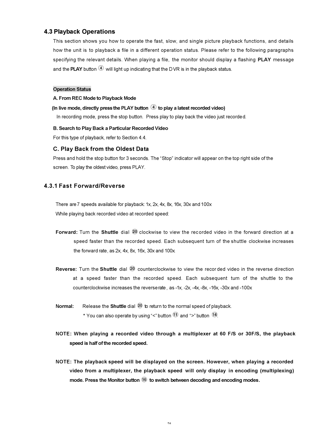 Maxtor SLD240 operation manual Playback Operations, Play Back from the Oldest Data, Fast Forward/Reverse 