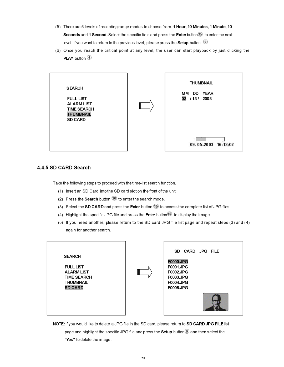 Maxtor SLD240 operation manual SD Card Search, Search Year Full List, Alarm List Time Search Thumbnail SD Card 