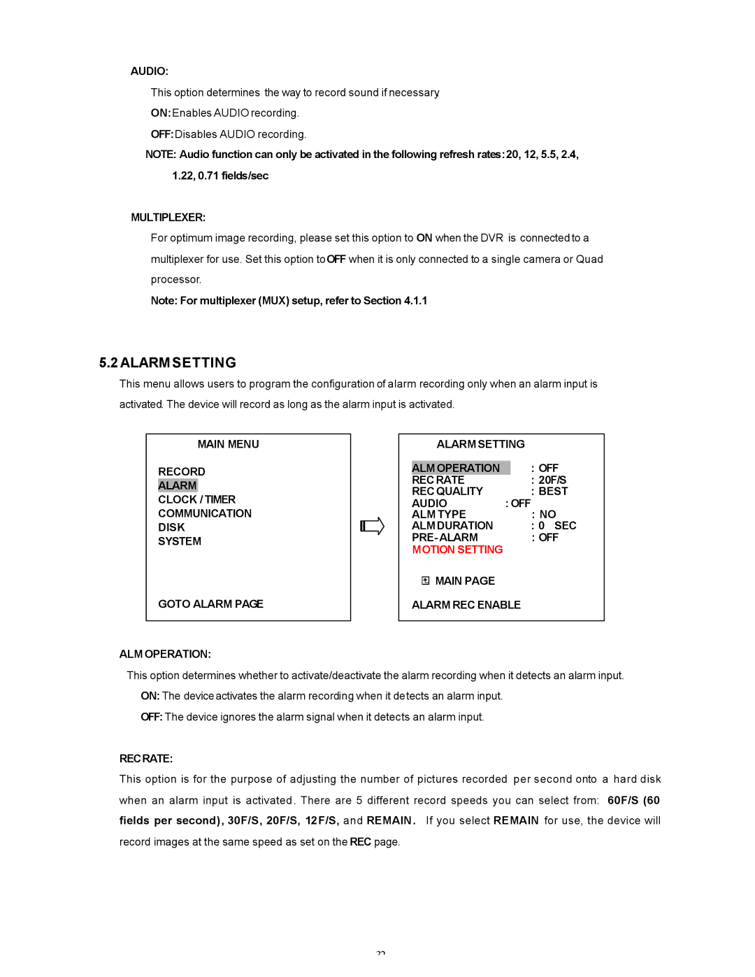 Maxtor SLD240 operation manual Alarm Setting, Recrate 