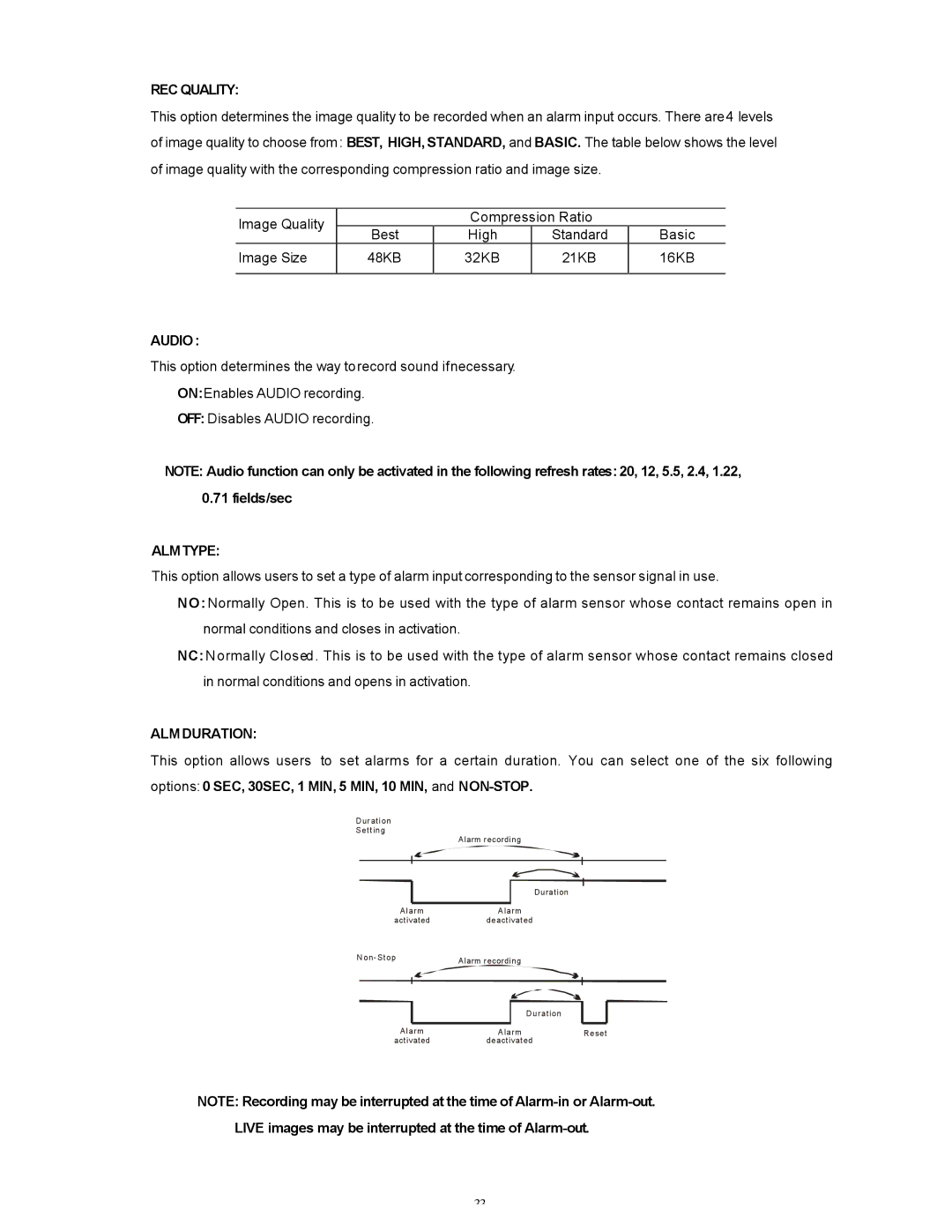 Maxtor SLD240 operation manual REC Quality, Live images may be interrupted at the time of Alarm-out 