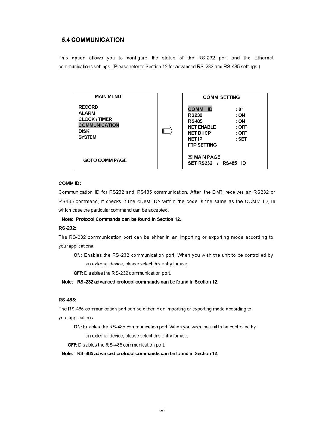 Maxtor SLD240 RS232 RS485, NET Enable OFF NET Dhcp NET IP SET FTP Setting Main, SET RS232 / RS485 ID, RS-232, RS-485 